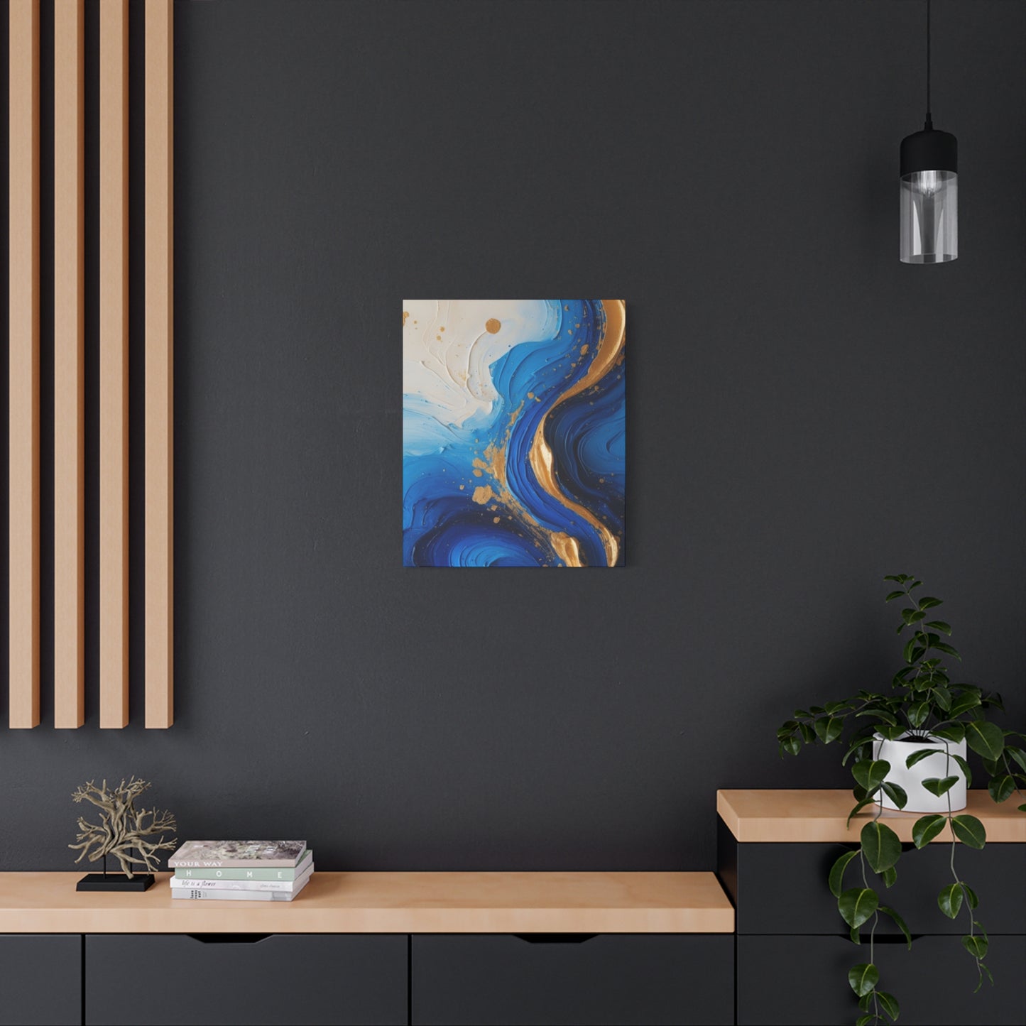 Blue and Gold Abstract Fluid Wall Art – Luxury Canvas Print with Textured Paint Swirls for Modern Home Décor