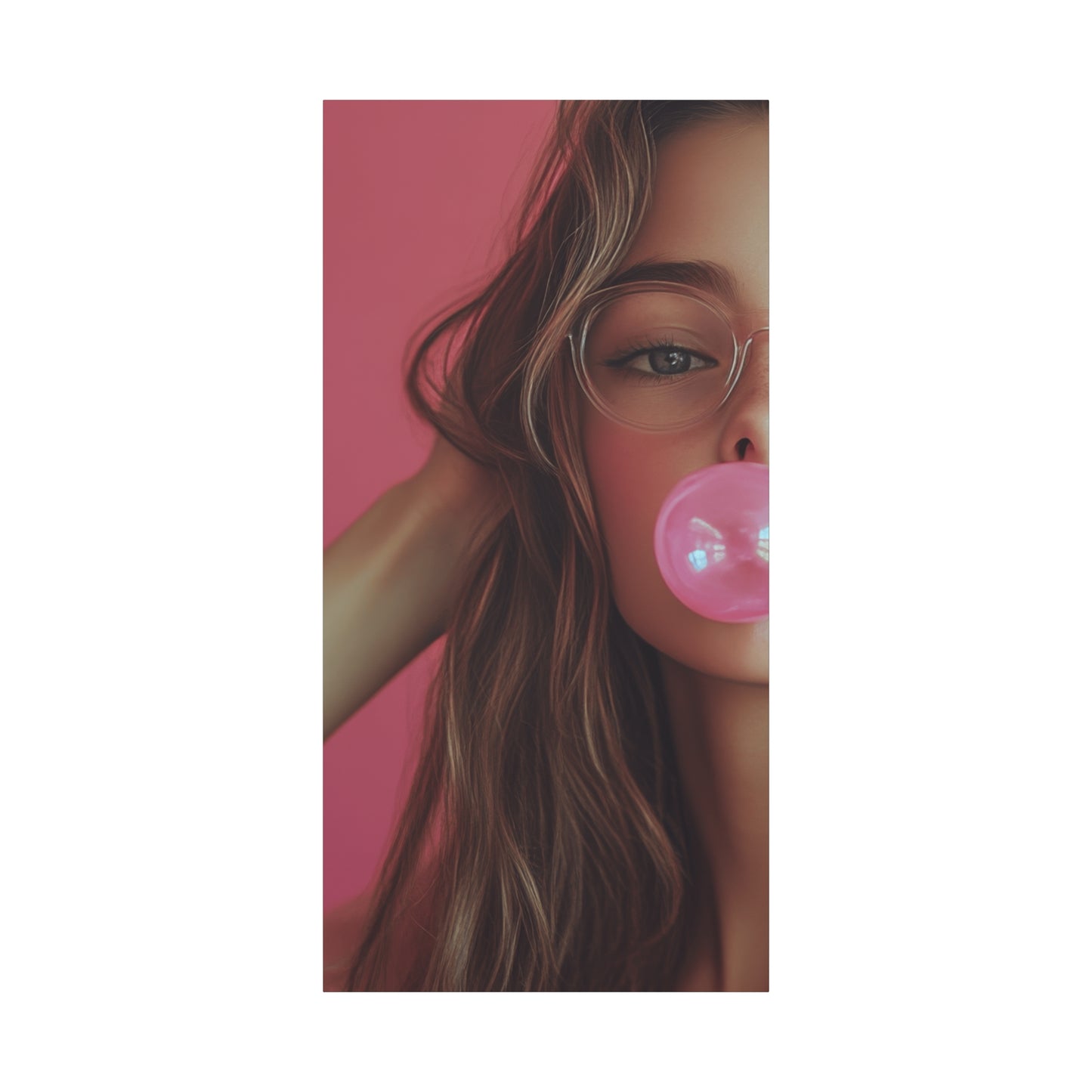Trendy Bubblegum Girl Wall Art – Soft Pink Portrait Canvas Print with Retro Glasses Aesthetic
