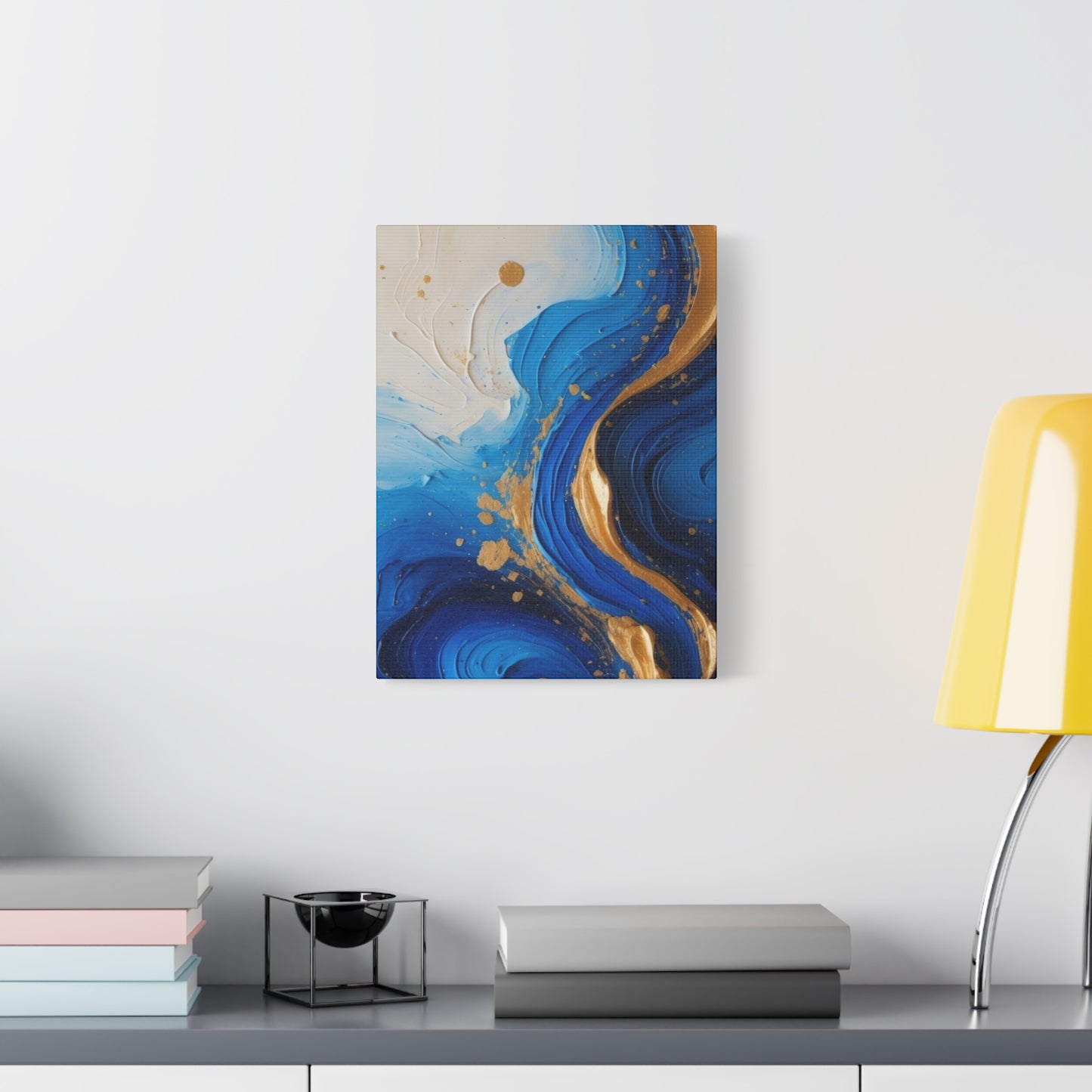 Blue and Gold Abstract Fluid Wall Art – Luxury Canvas Print with Textured Paint Swirls for Modern Home Décor