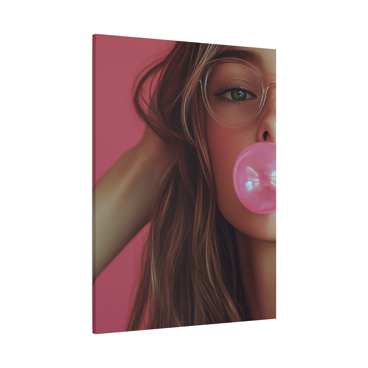 Trendy Bubblegum Girl Wall Art – Soft Pink Portrait Canvas Print with Retro Glasses Aesthetic