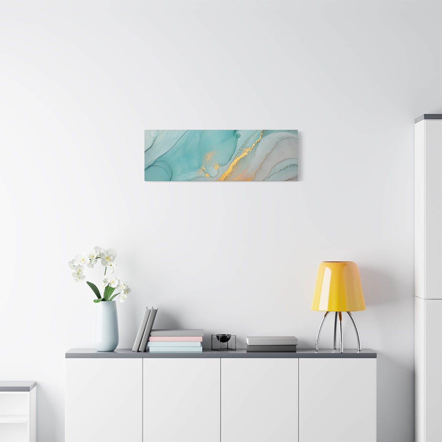 Aqua & Gold Fluid Abstract Canvas Wall Art – Modern Watercolor-Inspired Artwork for Living Room, Bedroom, or Office