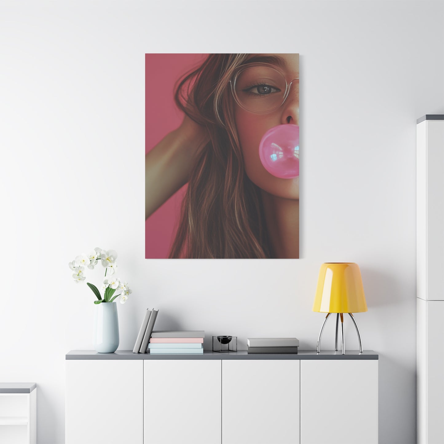 Trendy Bubblegum Girl Wall Art – Soft Pink Portrait Canvas Print with Retro Glasses Aesthetic
