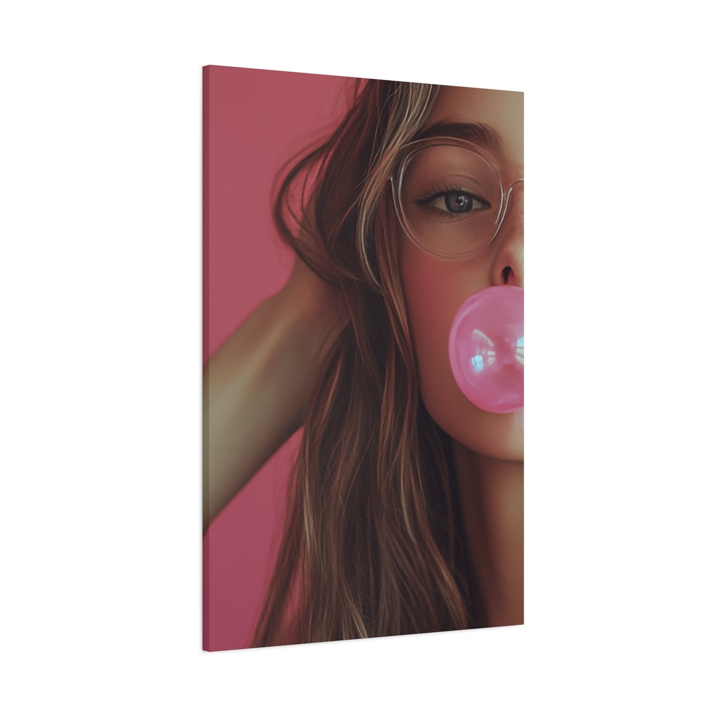 Trendy Bubblegum Girl Wall Art – Soft Pink Portrait Canvas Print with Retro Glasses Aesthetic