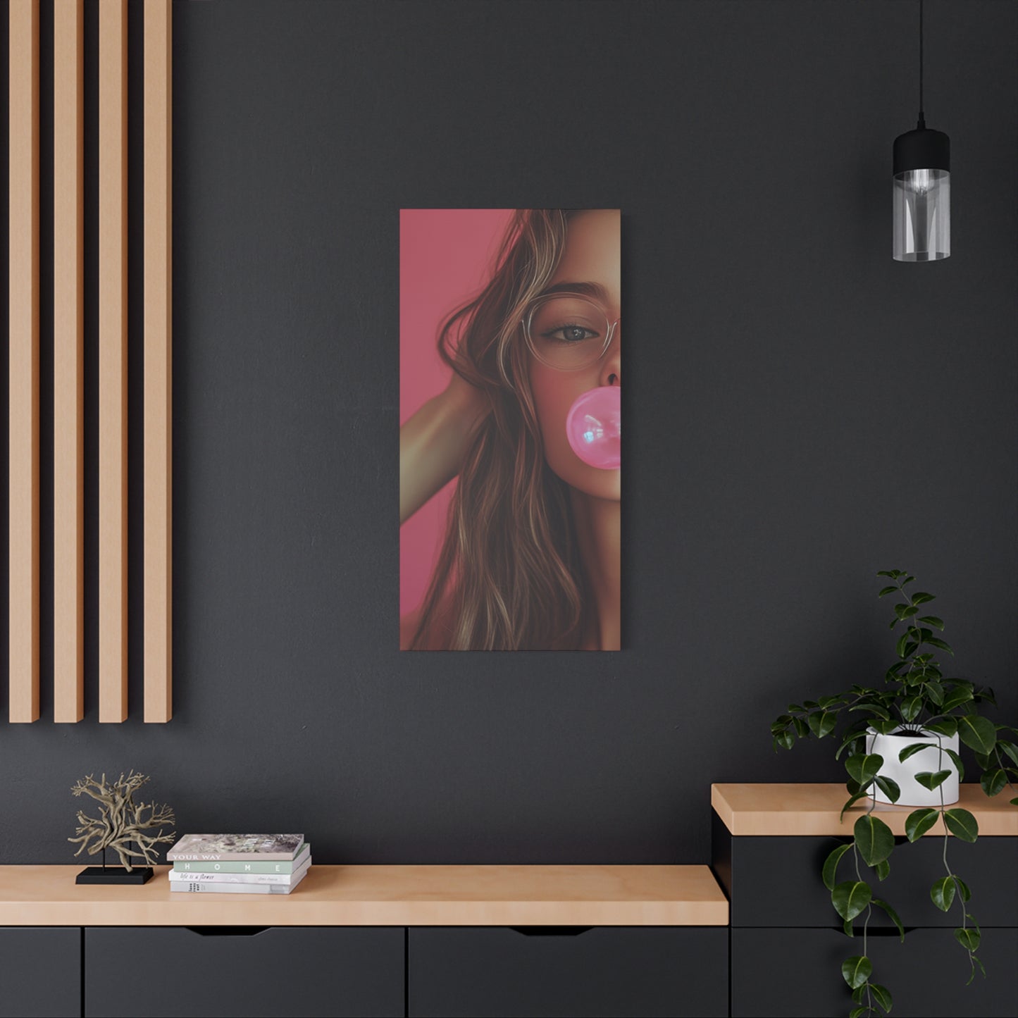 Trendy Bubblegum Girl Wall Art – Soft Pink Portrait Canvas Print with Retro Glasses Aesthetic