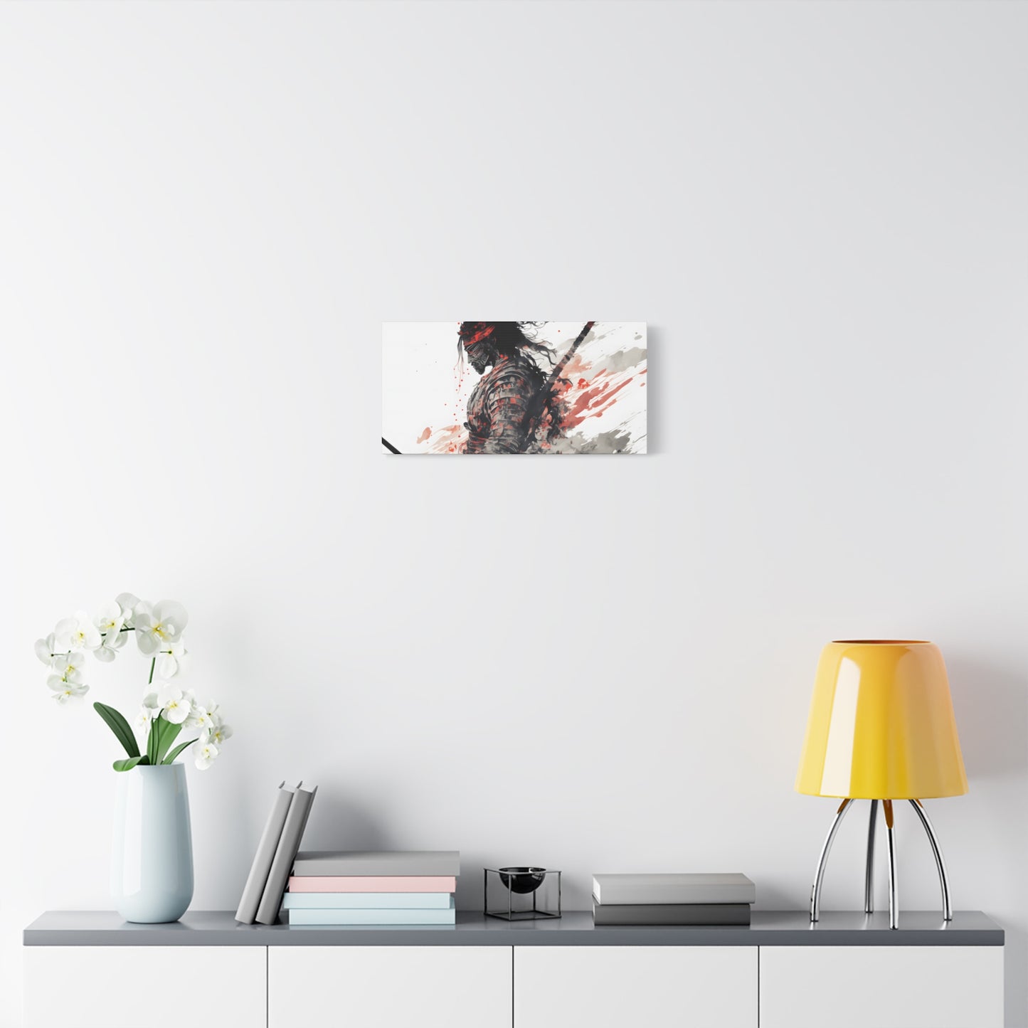 Bushido Samurai Ink Art – Red and Grey Watercolor Canvas Print of Warrior in Armor with Katana