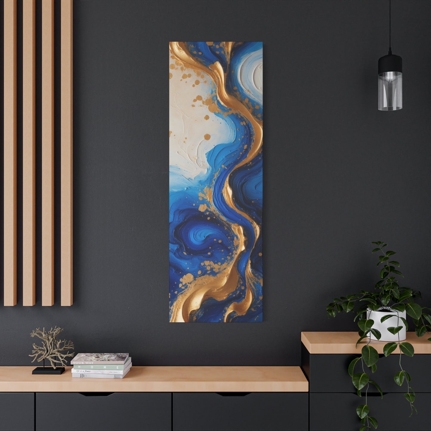 Blue and Gold Abstract Fluid Wall Art – Luxury Canvas Print with Textured Paint Swirls for Modern Home Décor