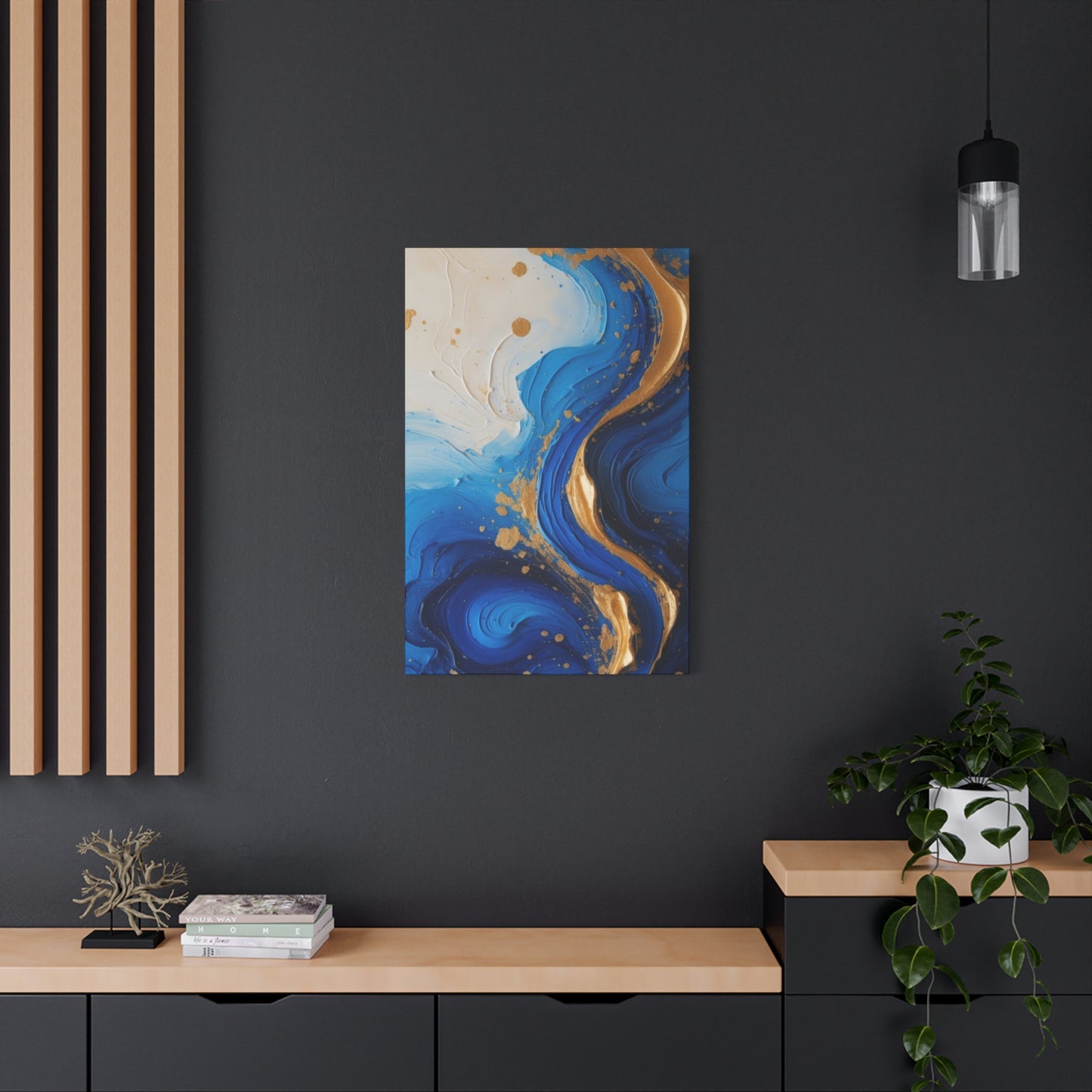 Blue and Gold Abstract Fluid Wall Art – Luxury Canvas Print with Textured Paint Swirls for Modern Home Décor