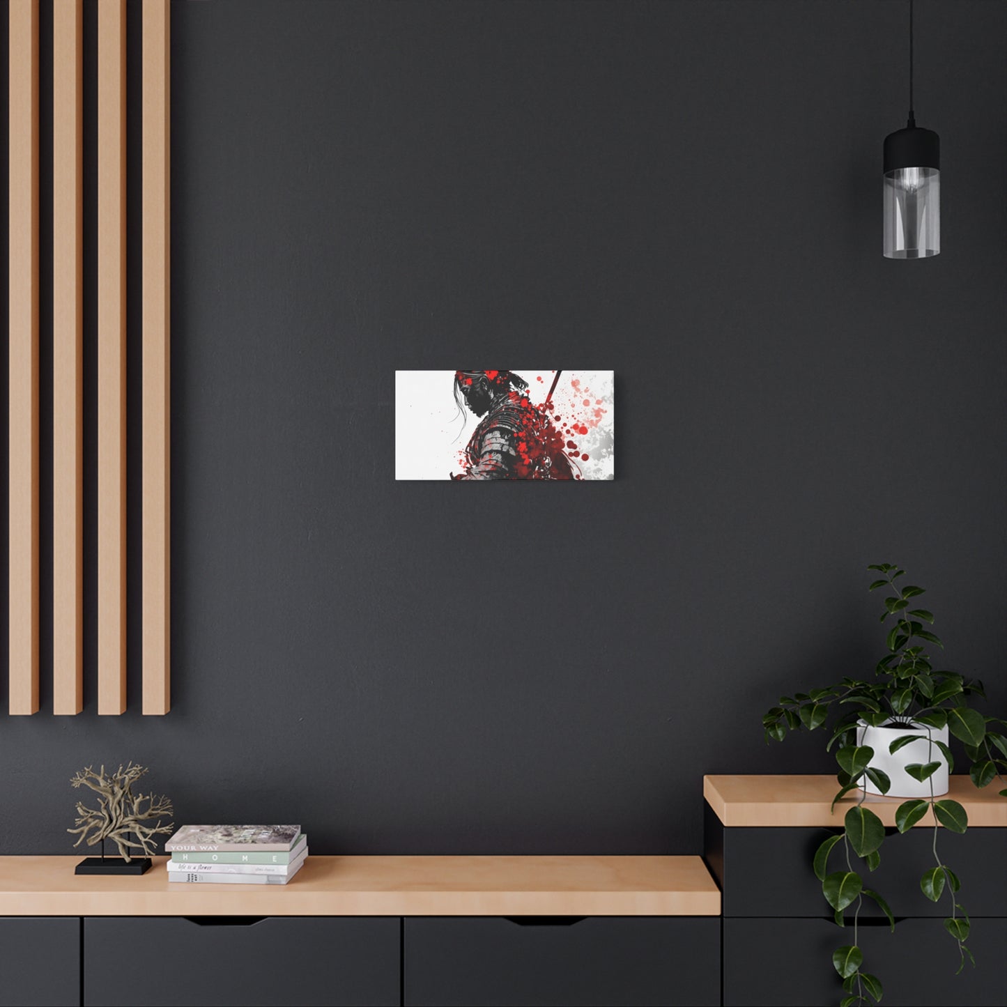 Samurai Warrior Ink Art – Red and Black Japanese Brush Style Canvas Print for Bold, Minimalist Spaces