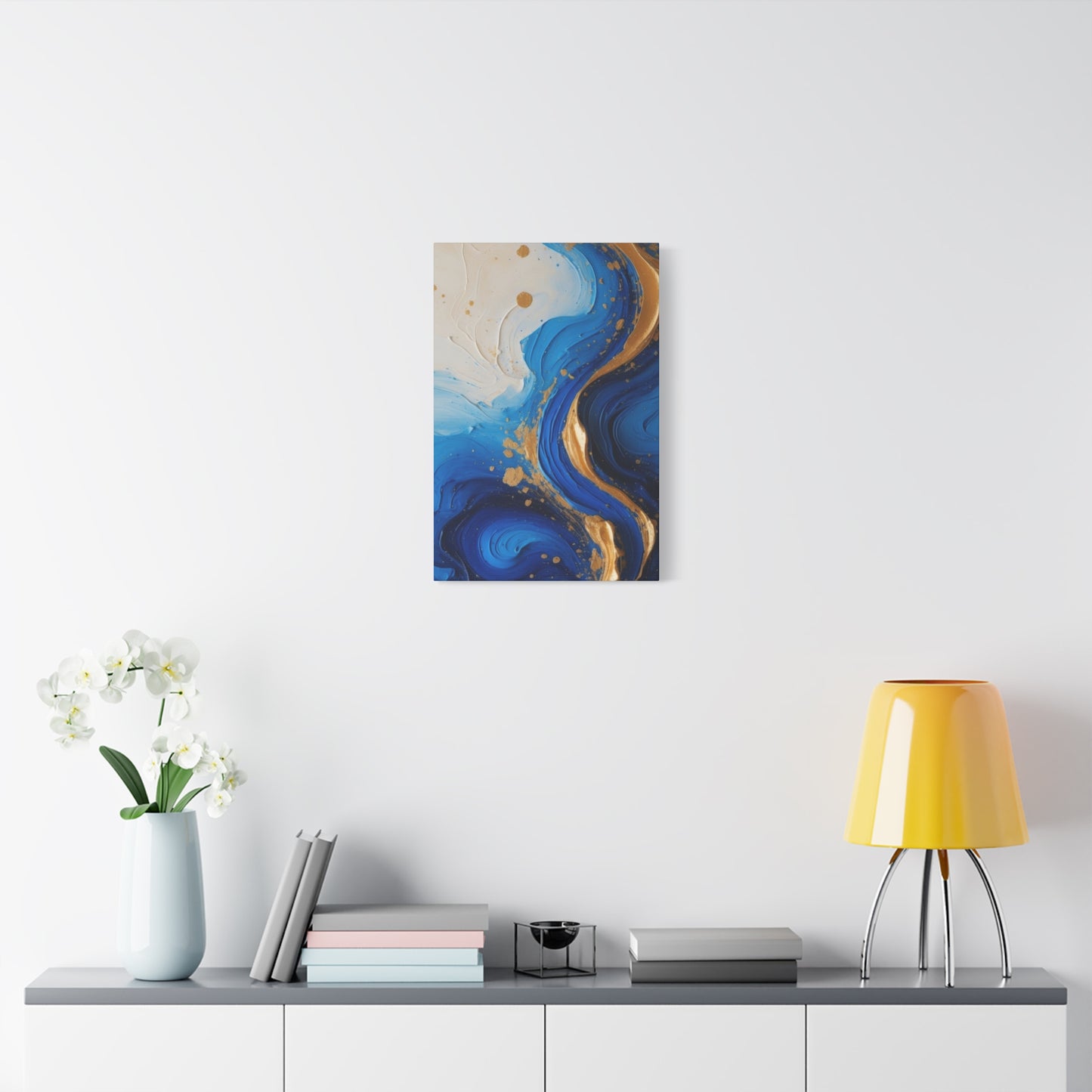 Blue and Gold Abstract Fluid Wall Art – Luxury Canvas Print with Textured Paint Swirls for Modern Home Décor