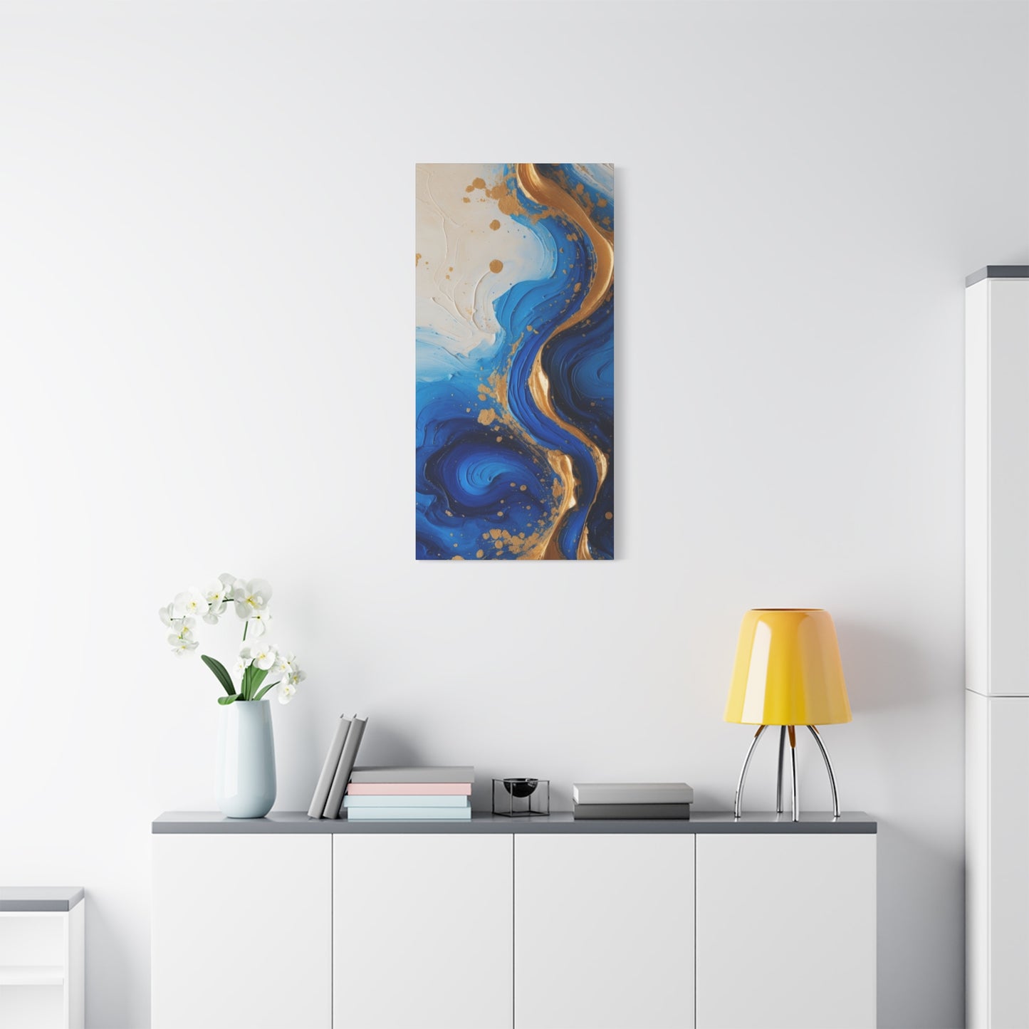 Blue and Gold Abstract Fluid Wall Art – Luxury Canvas Print with Textured Paint Swirls for Modern Home Décor