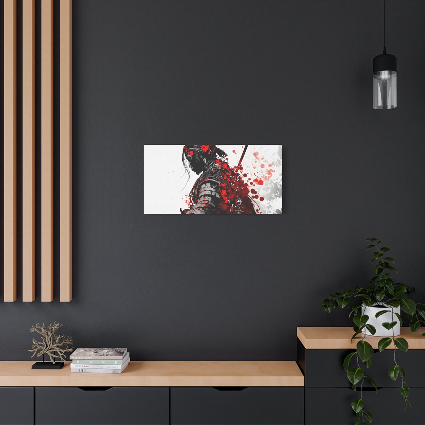 Samurai Warrior Ink Art – Red and Black Japanese Brush Style Canvas Print for Bold, Minimalist Spaces