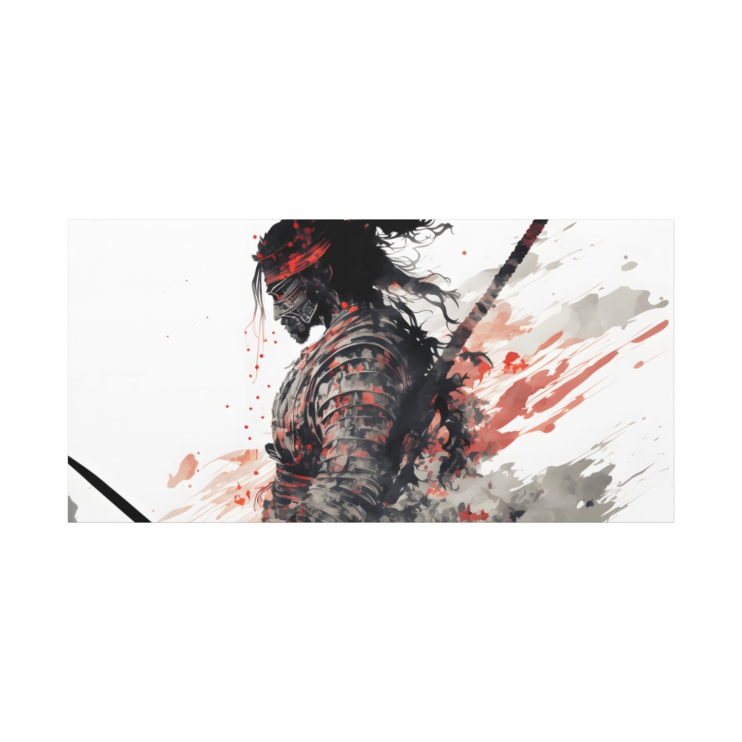 Bushido Samurai Ink Art – Red and Grey Watercolor Canvas Print of Warrior in Armor with Katana
