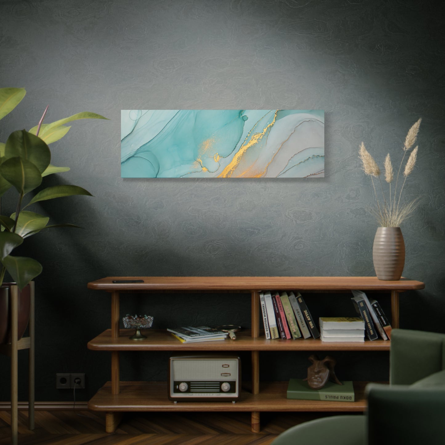 Aqua & Gold Fluid Abstract Canvas Wall Art – Modern Watercolor-Inspired Artwork for Living Room, Bedroom, or Office