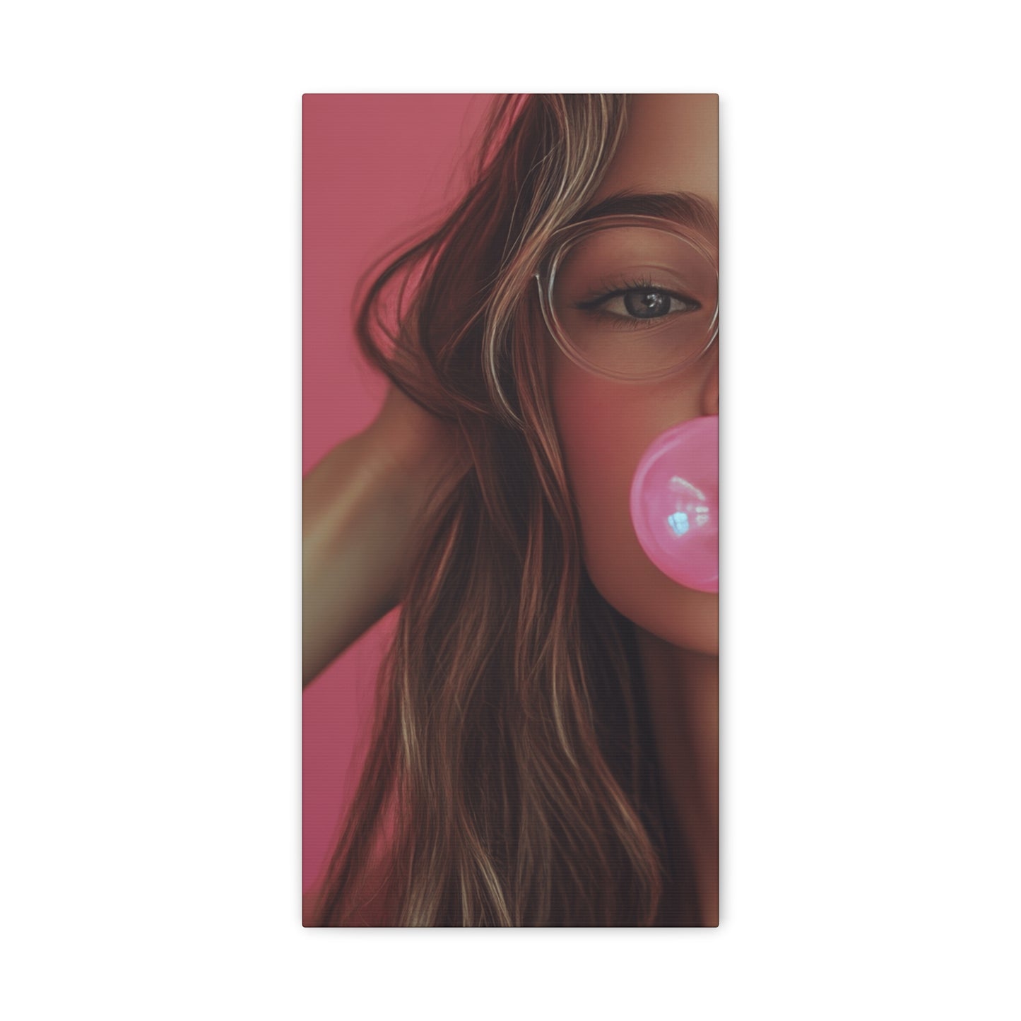 Trendy Bubblegum Girl Wall Art – Soft Pink Portrait Canvas Print with Retro Glasses Aesthetic