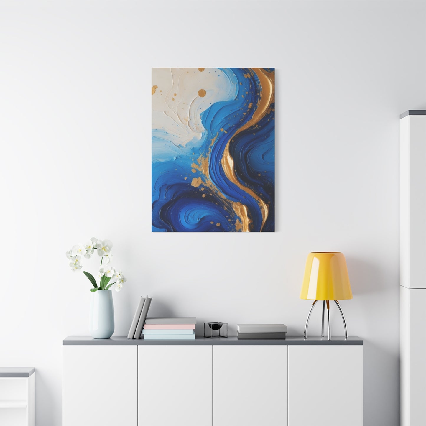 Blue and Gold Abstract Fluid Wall Art – Luxury Canvas Print with Textured Paint Swirls for Modern Home Décor