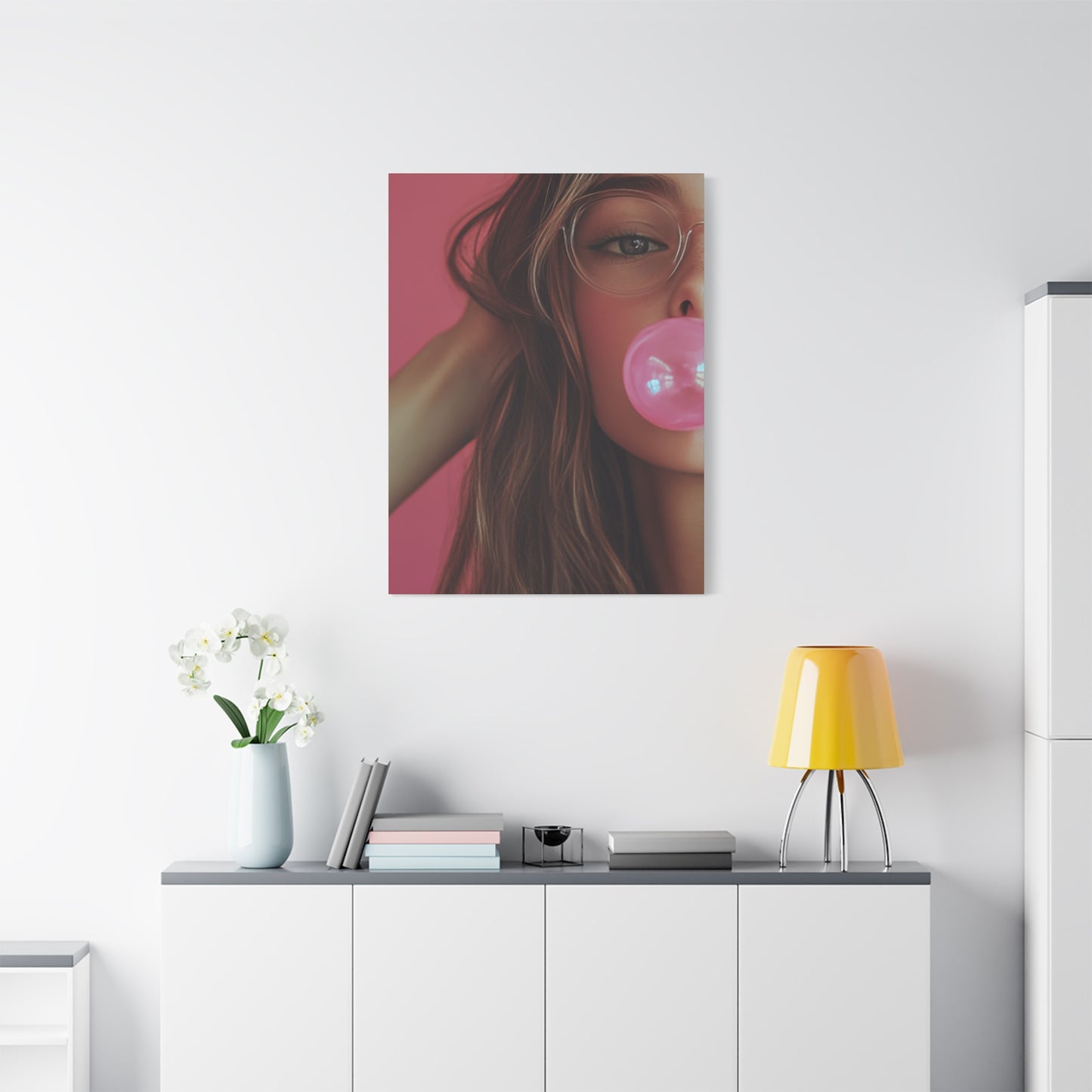 Trendy Bubblegum Girl Wall Art – Soft Pink Portrait Canvas Print with Retro Glasses Aesthetic