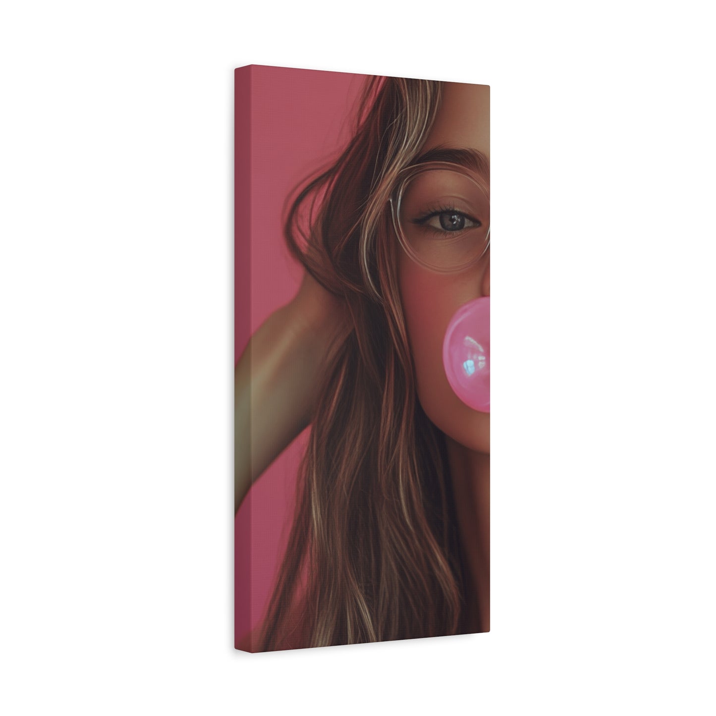 Trendy Bubblegum Girl Wall Art – Soft Pink Portrait Canvas Print with Retro Glasses Aesthetic