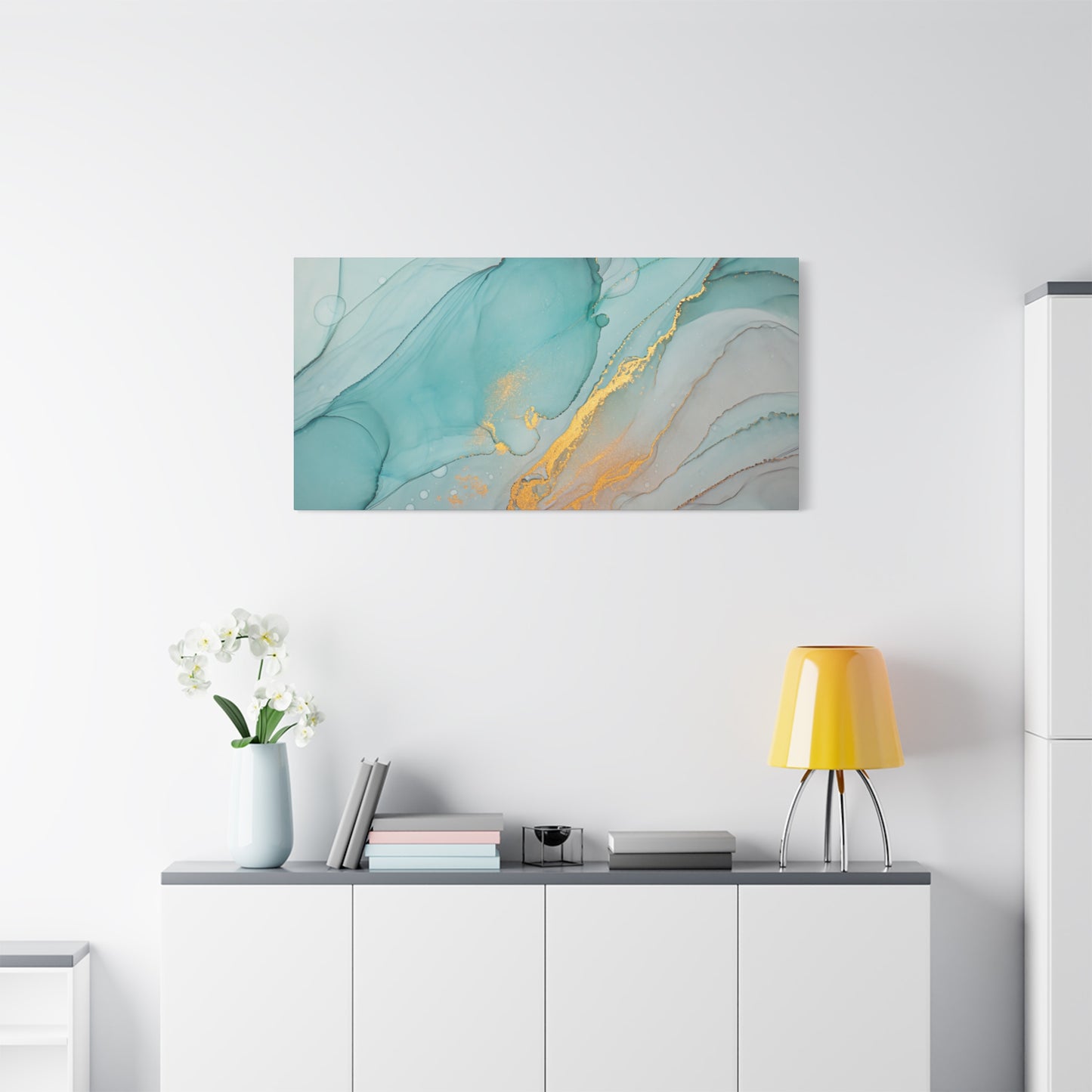 Aqua & Gold Fluid Abstract Canvas Wall Art – Modern Watercolor-Inspired Artwork for Living Room, Bedroom, or Office