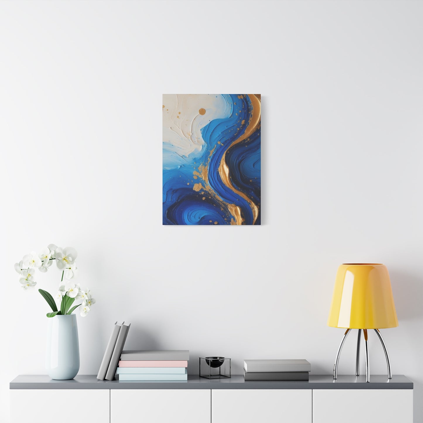 Blue and Gold Abstract Fluid Wall Art – Luxury Canvas Print with Textured Paint Swirls for Modern Home Décor