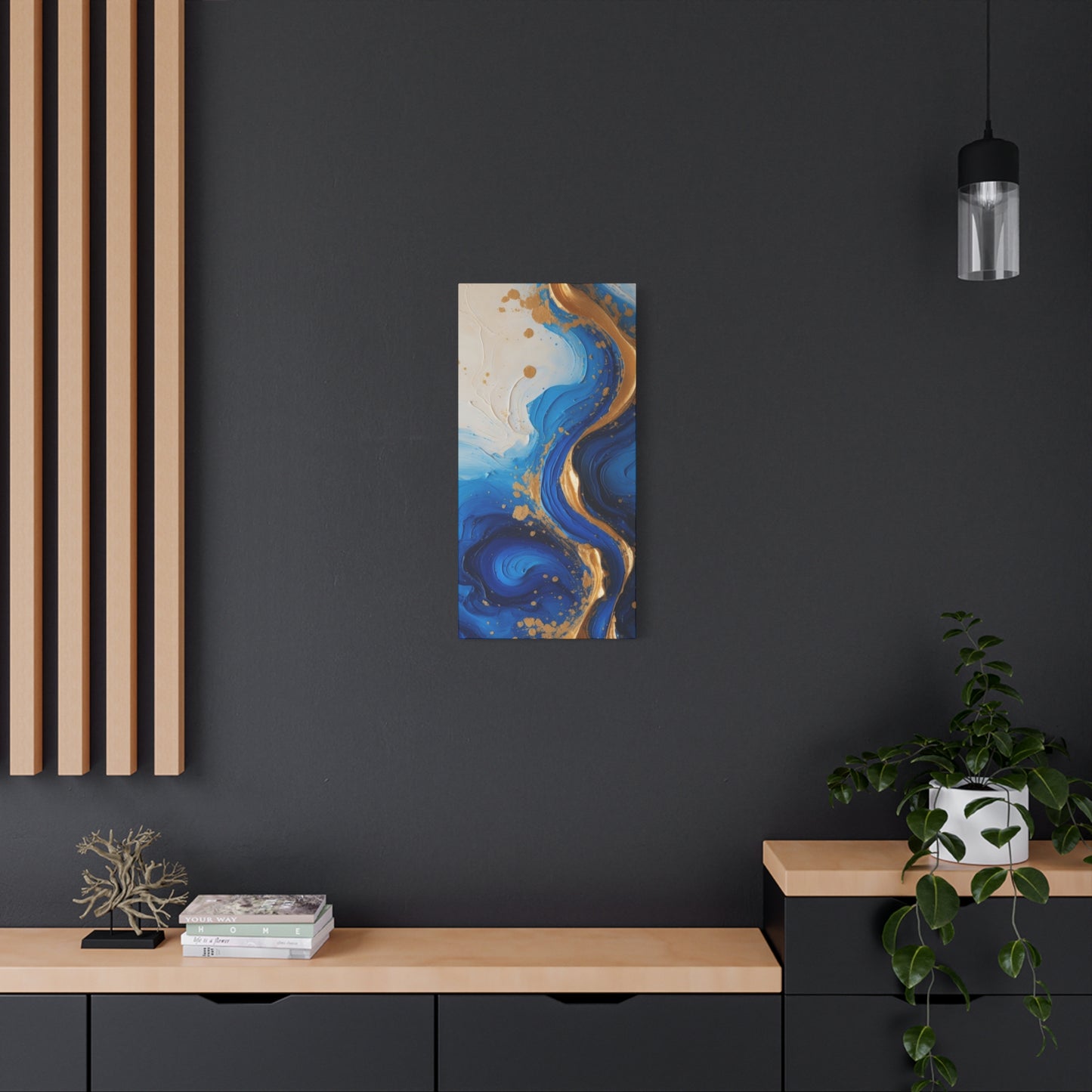 Blue and Gold Abstract Fluid Wall Art – Luxury Canvas Print with Textured Paint Swirls for Modern Home Décor