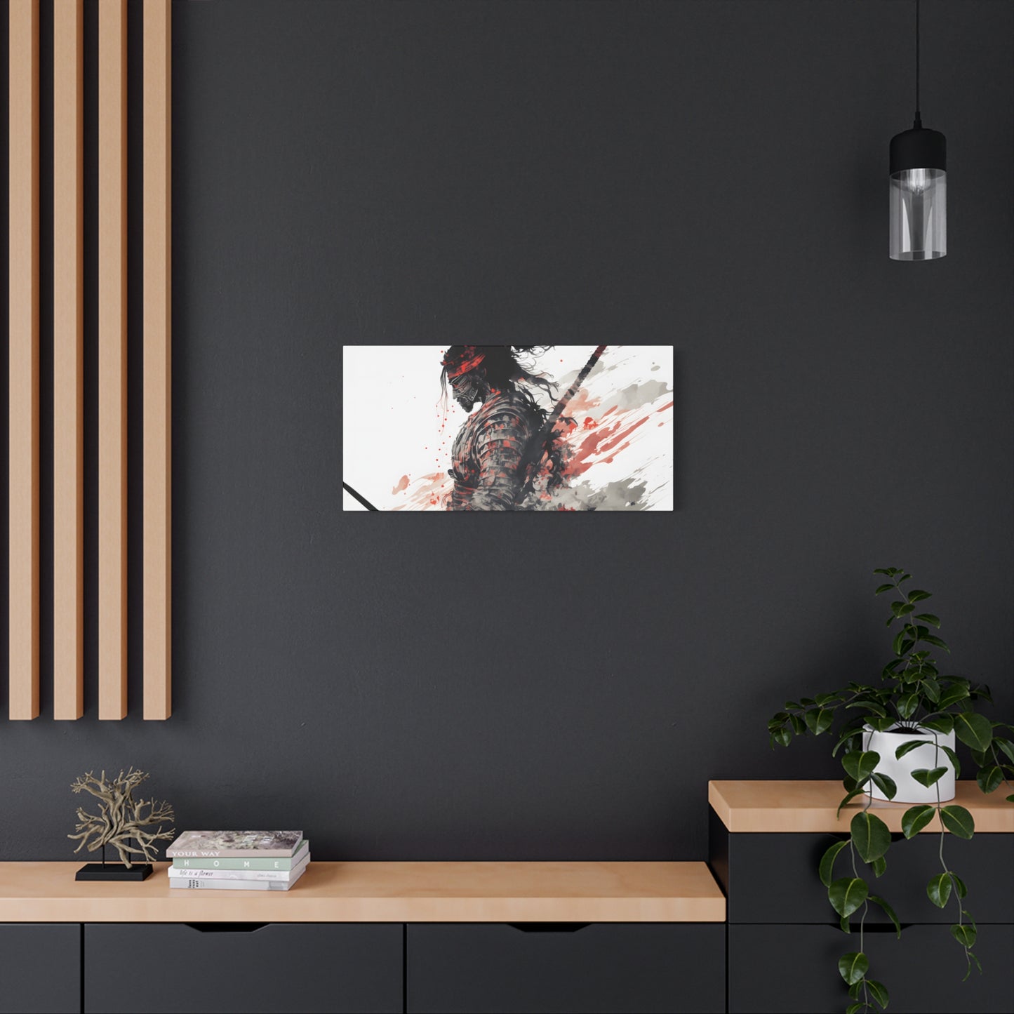 Bushido Samurai Ink Art – Red and Grey Watercolor Canvas Print of Warrior in Armor with Katana