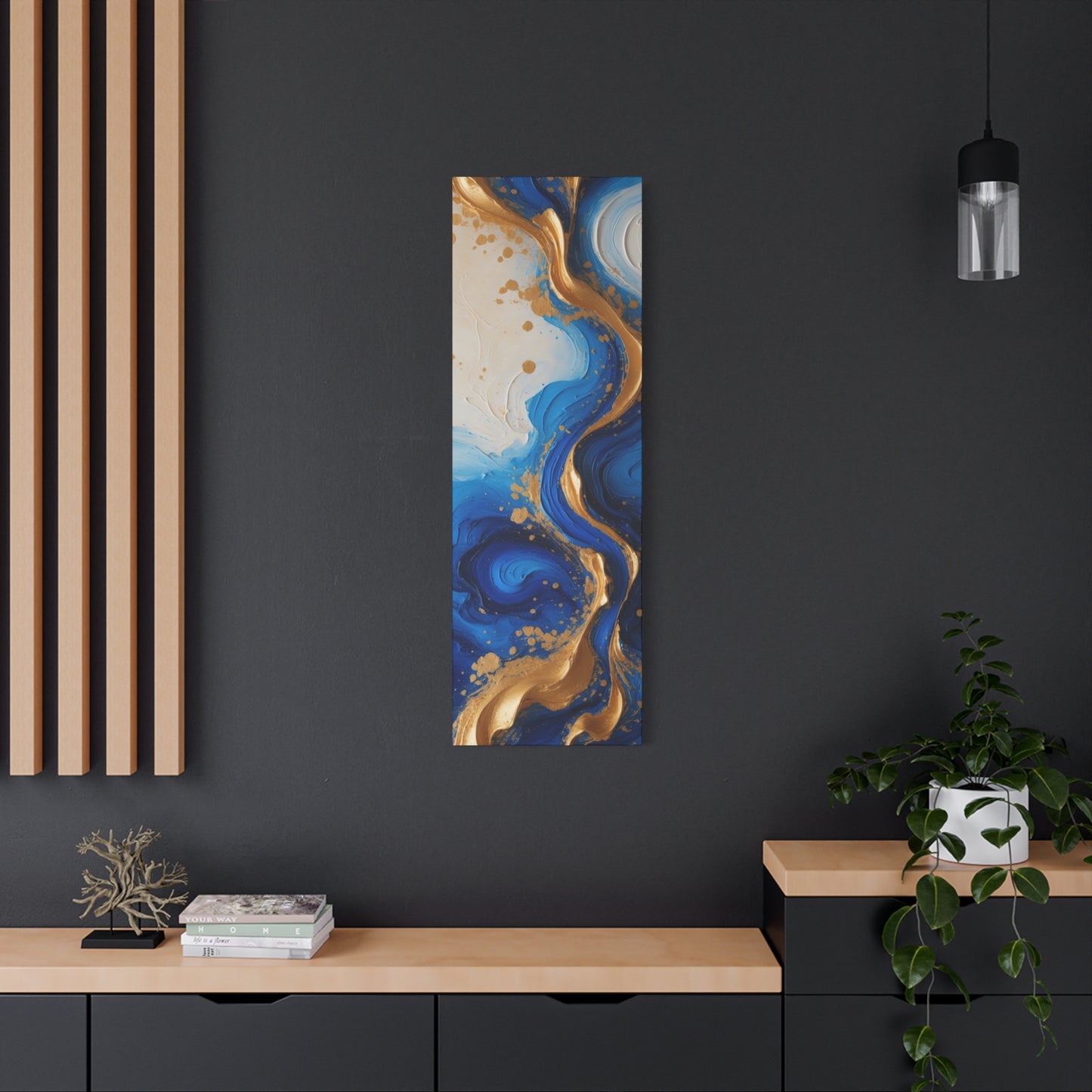 Blue and Gold Abstract Fluid Wall Art – Luxury Canvas Print with Textured Paint Swirls for Modern Home Décor