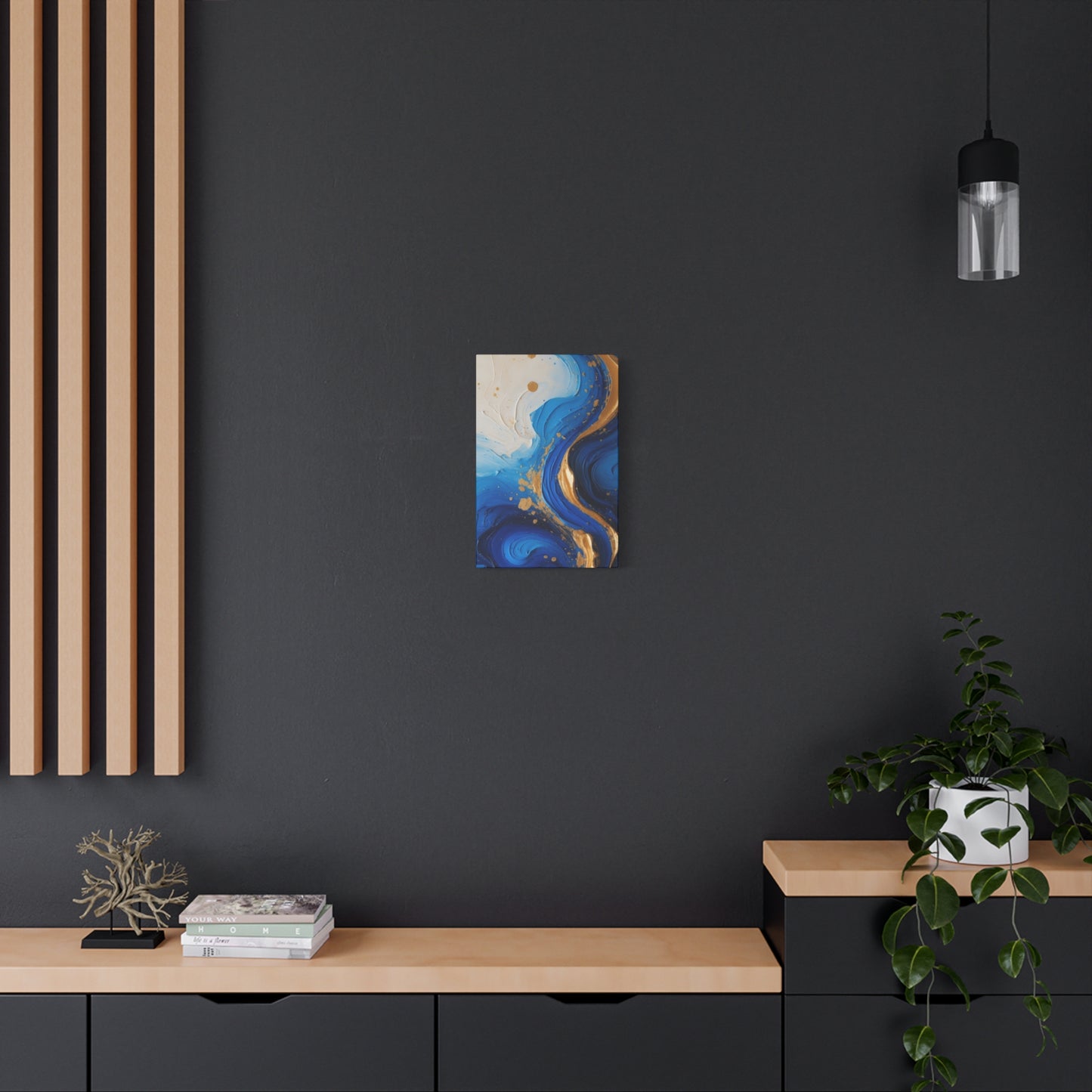 Blue and Gold Abstract Fluid Wall Art – Luxury Canvas Print with Textured Paint Swirls for Modern Home Décor