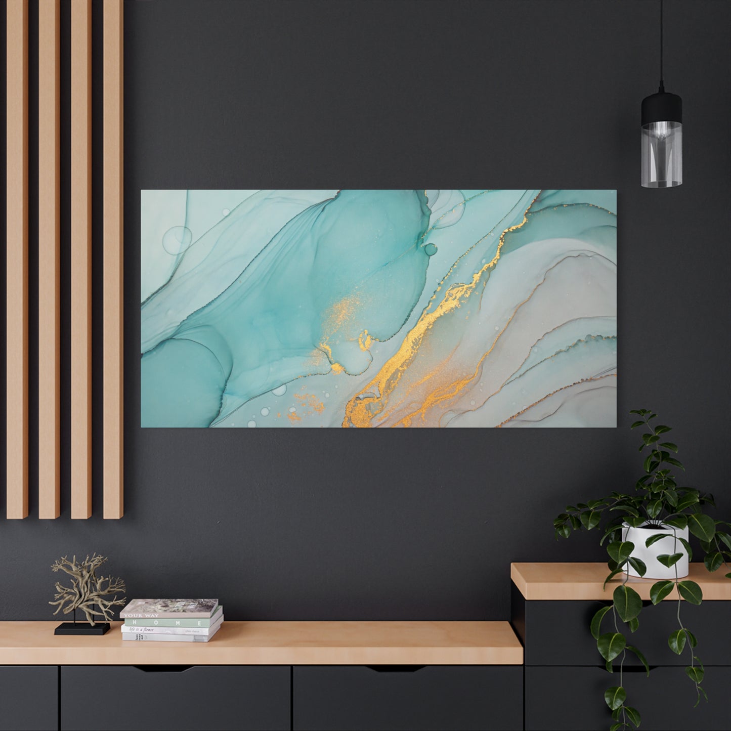 Aqua & Gold Fluid Abstract Canvas Wall Art – Modern Watercolor-Inspired Artwork for Living Room, Bedroom, or Office
