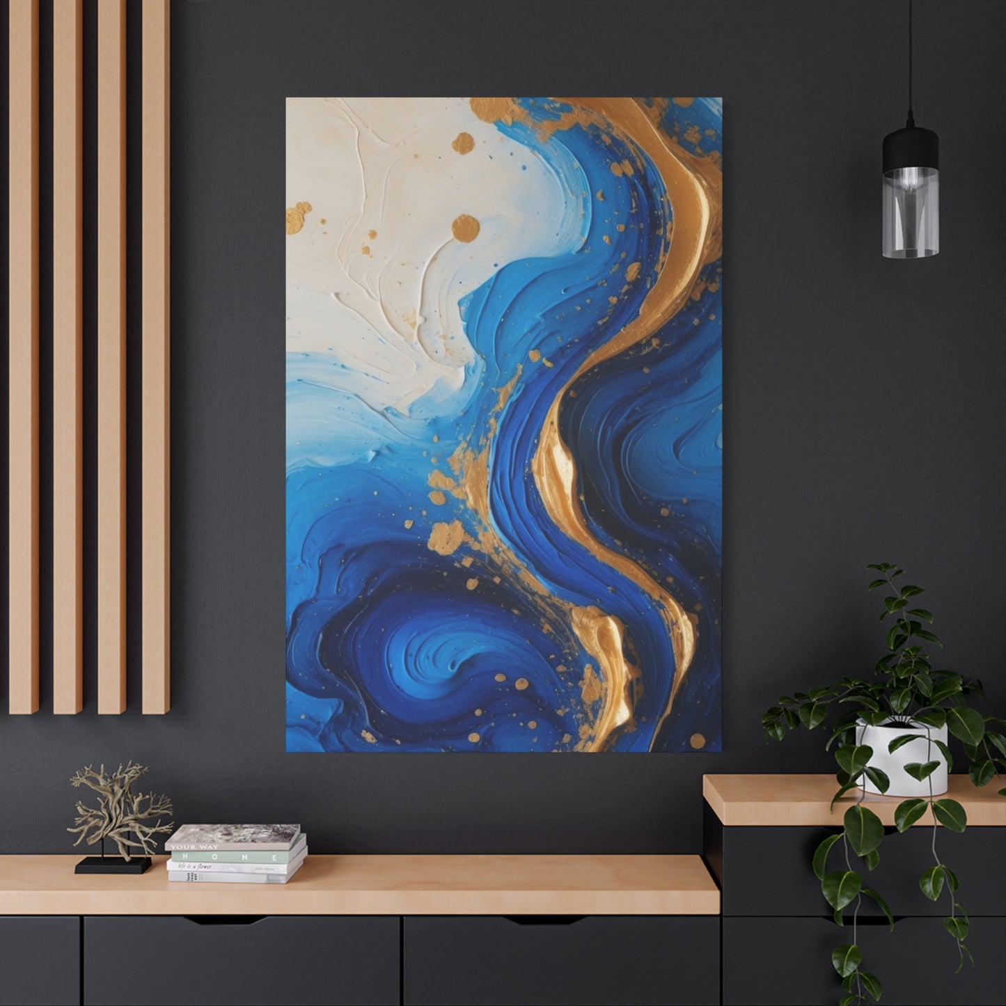 Blue and Gold Abstract Fluid Wall Art – Luxury Canvas Print with Textured Paint Swirls for Modern Home Décor