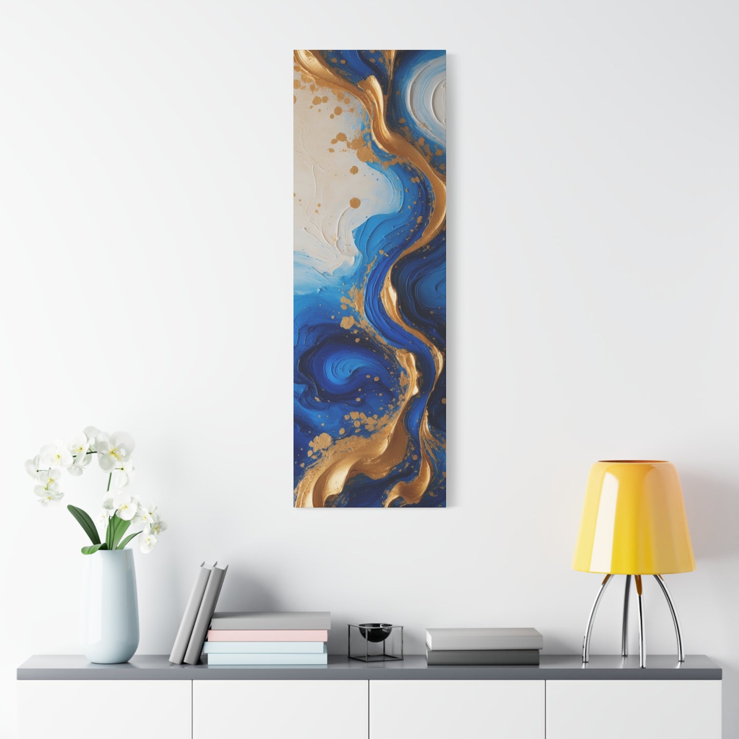 Blue and Gold Abstract Fluid Wall Art – Luxury Canvas Print with Textured Paint Swirls for Modern Home Décor