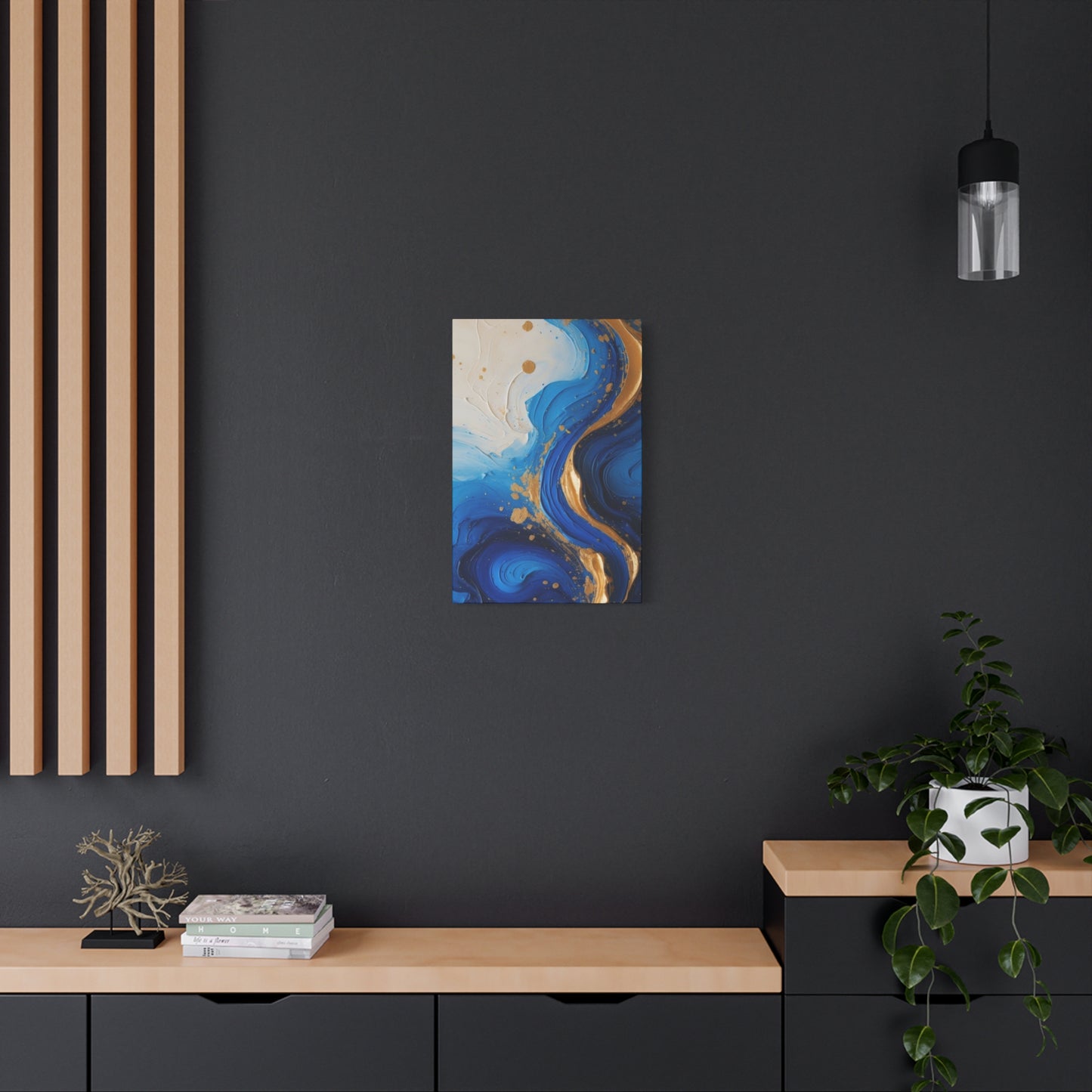 Blue and Gold Abstract Fluid Wall Art – Luxury Canvas Print with Textured Paint Swirls for Modern Home Décor