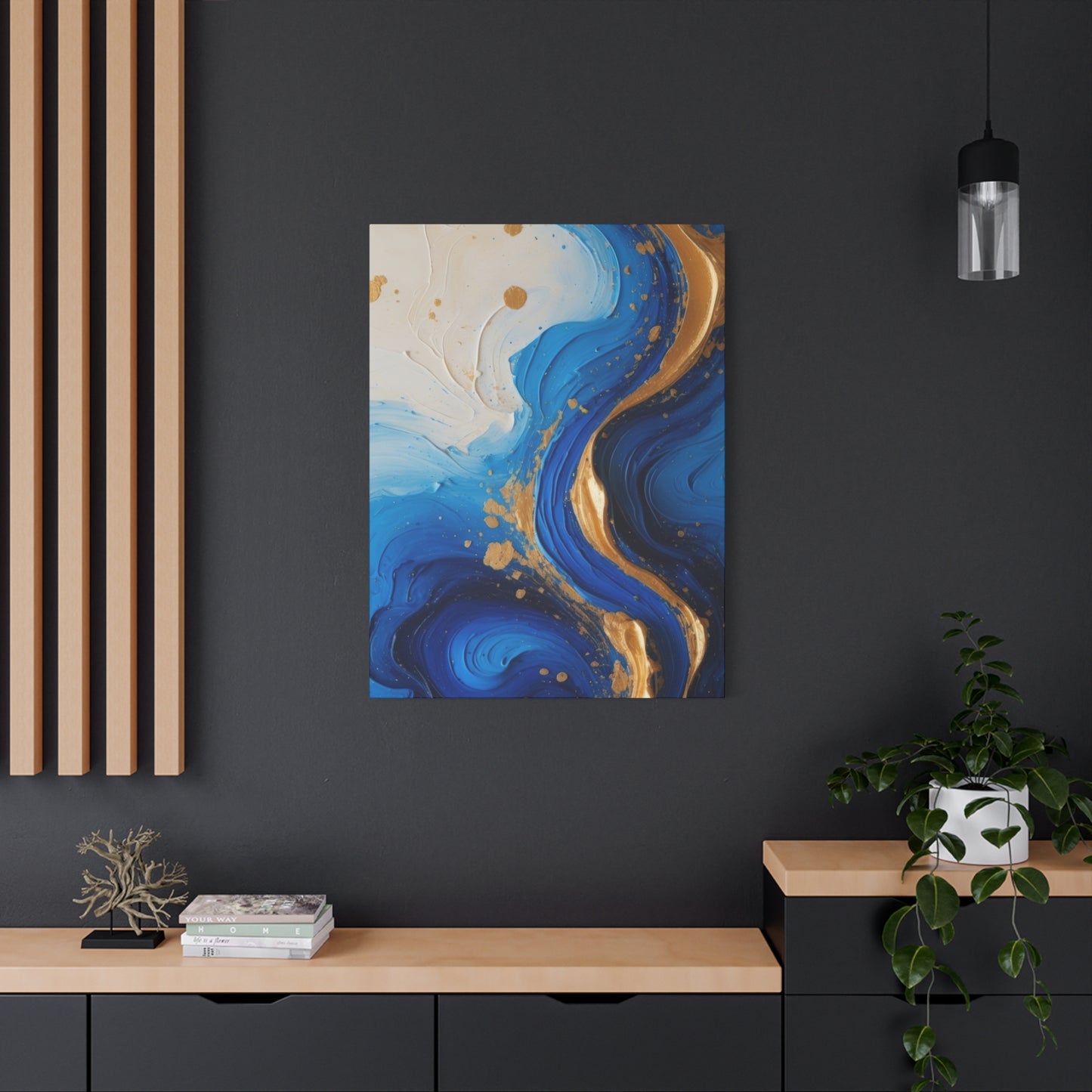 Blue and Gold Abstract Fluid Wall Art – Luxury Canvas Print with Textured Paint Swirls for Modern Home Décor