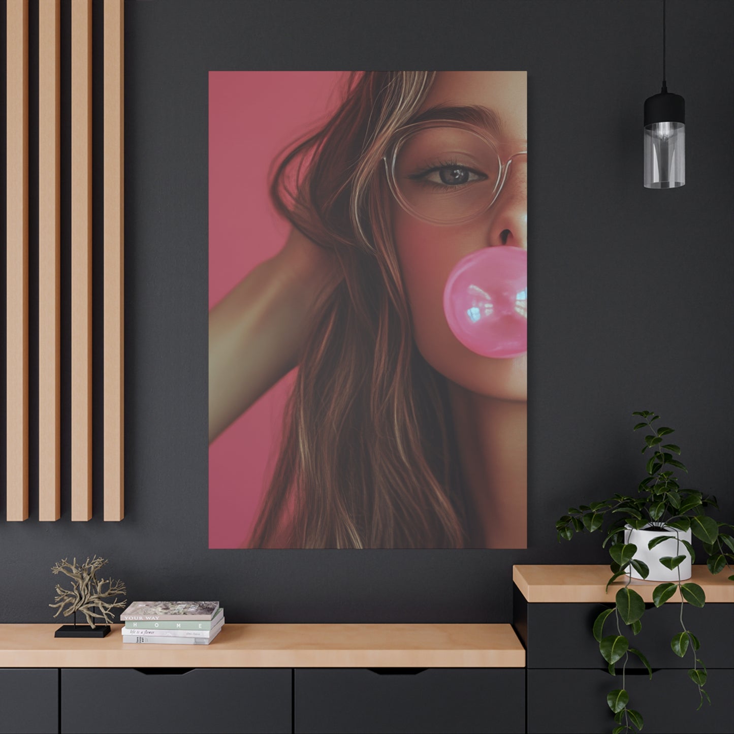 Trendy Bubblegum Girl Wall Art – Soft Pink Portrait Canvas Print with Retro Glasses Aesthetic