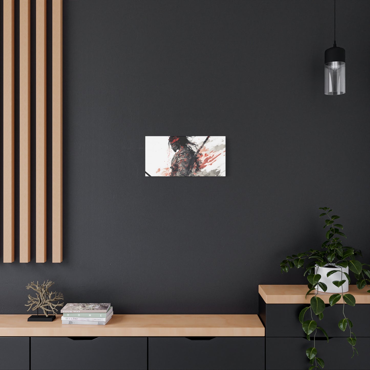 Bushido Samurai Ink Art – Red and Grey Watercolor Canvas Print of Warrior in Armor with Katana