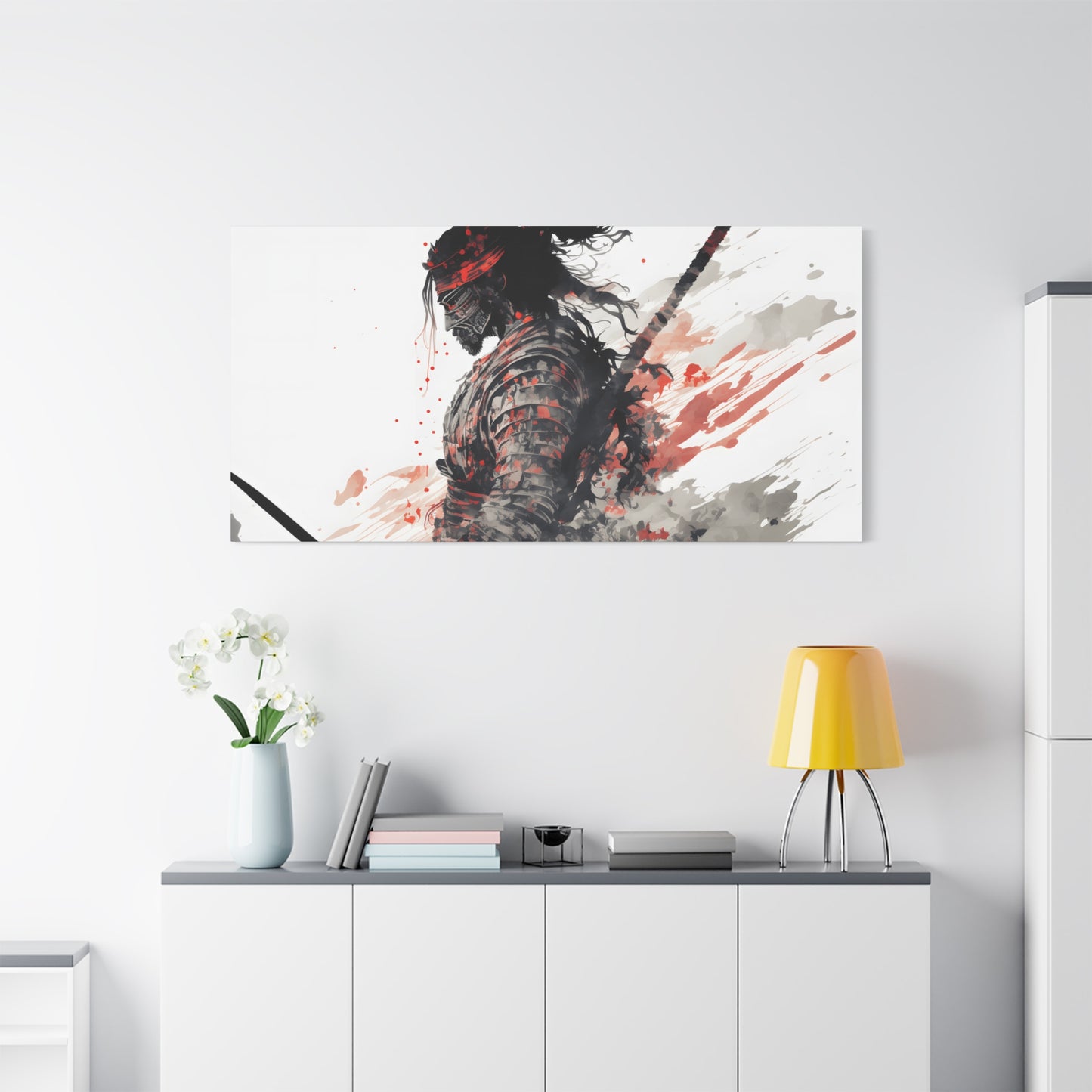 Bushido Samurai Ink Art – Red and Grey Watercolor Canvas Print of Warrior in Armor with Katana