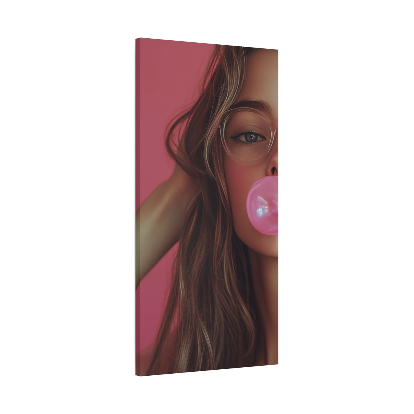 Trendy Bubblegum Girl Wall Art – Soft Pink Portrait Canvas Print with Retro Glasses Aesthetic