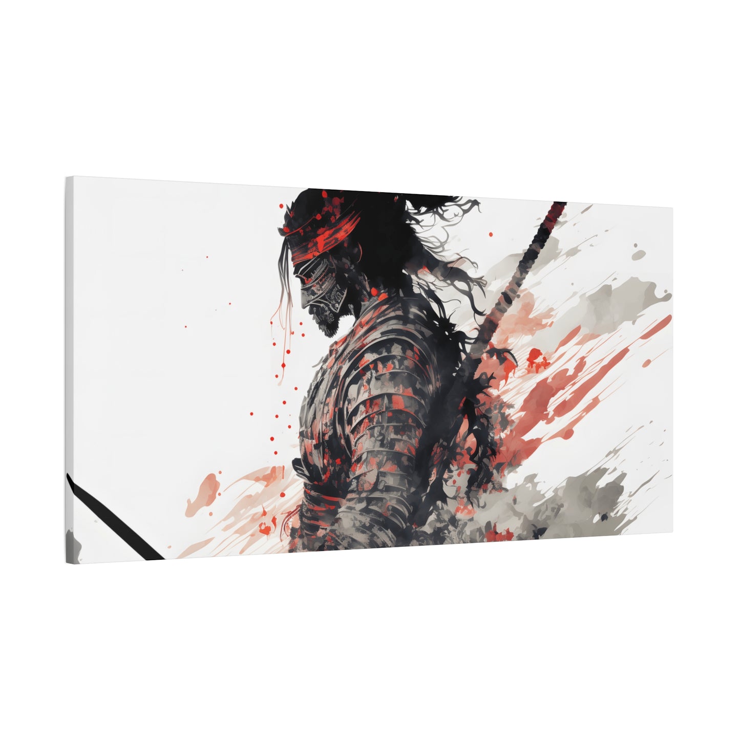 Bushido Samurai Ink Art – Red and Grey Watercolor Canvas Print of Warrior in Armor with Katana