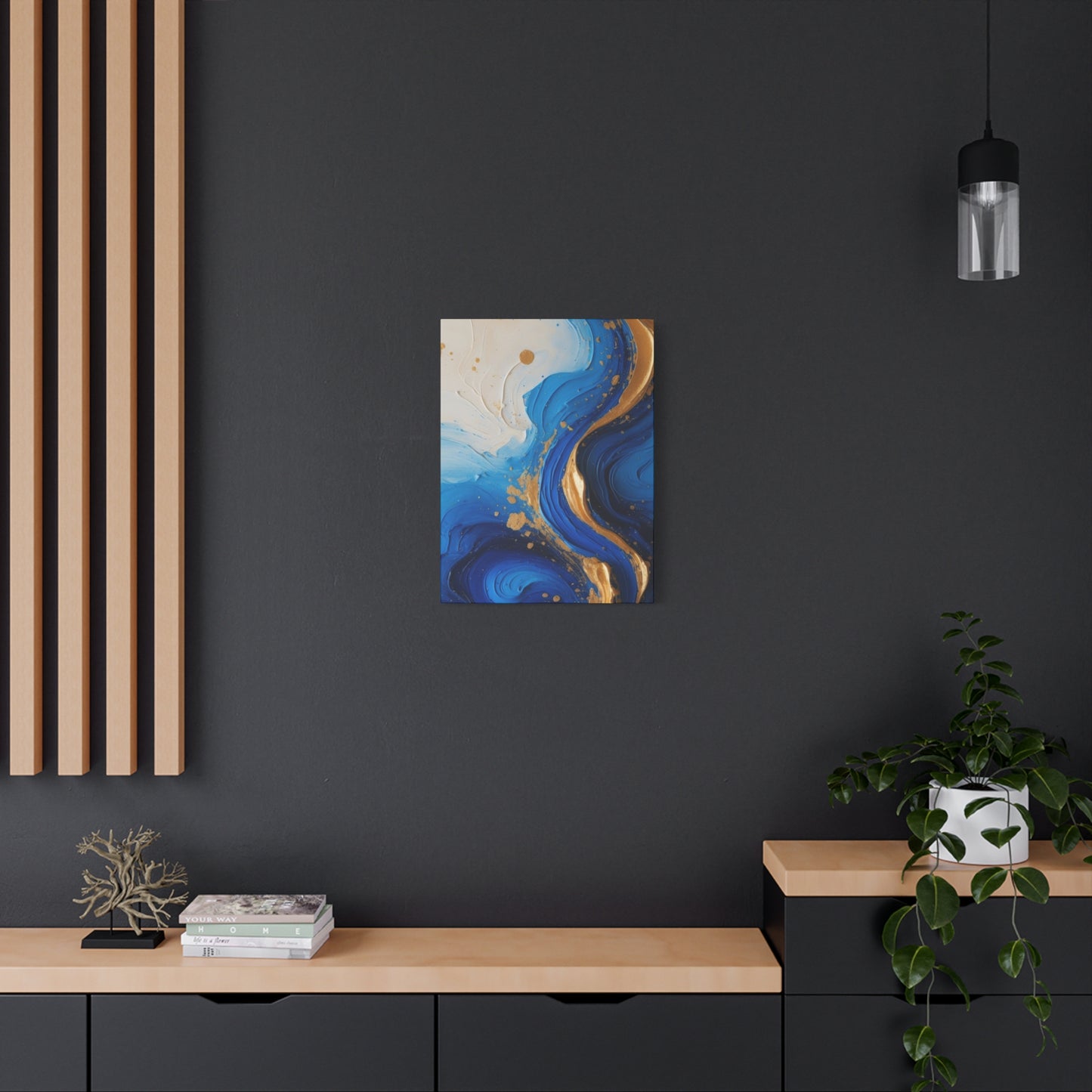 Blue and Gold Abstract Fluid Wall Art – Luxury Canvas Print with Textured Paint Swirls for Modern Home Décor
