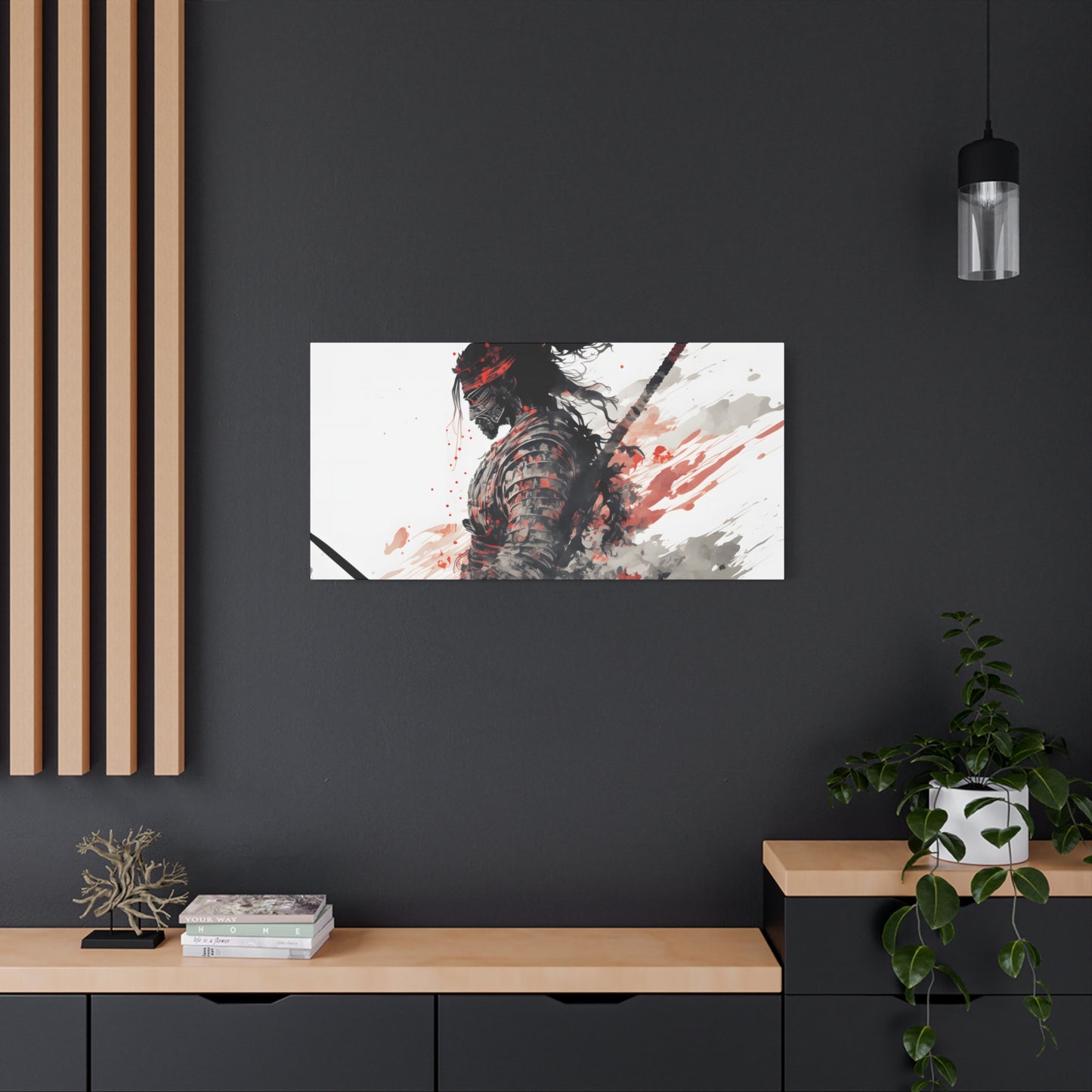 Bushido Samurai Ink Art – Red and Grey Watercolor Canvas Print of Warrior in Armor with Katana