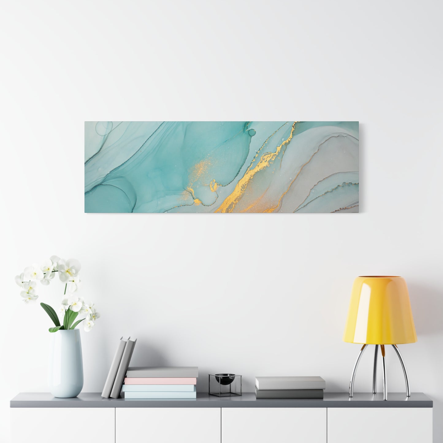 Aqua & Gold Fluid Abstract Canvas Wall Art – Modern Watercolor-Inspired Artwork for Living Room, Bedroom, or Office