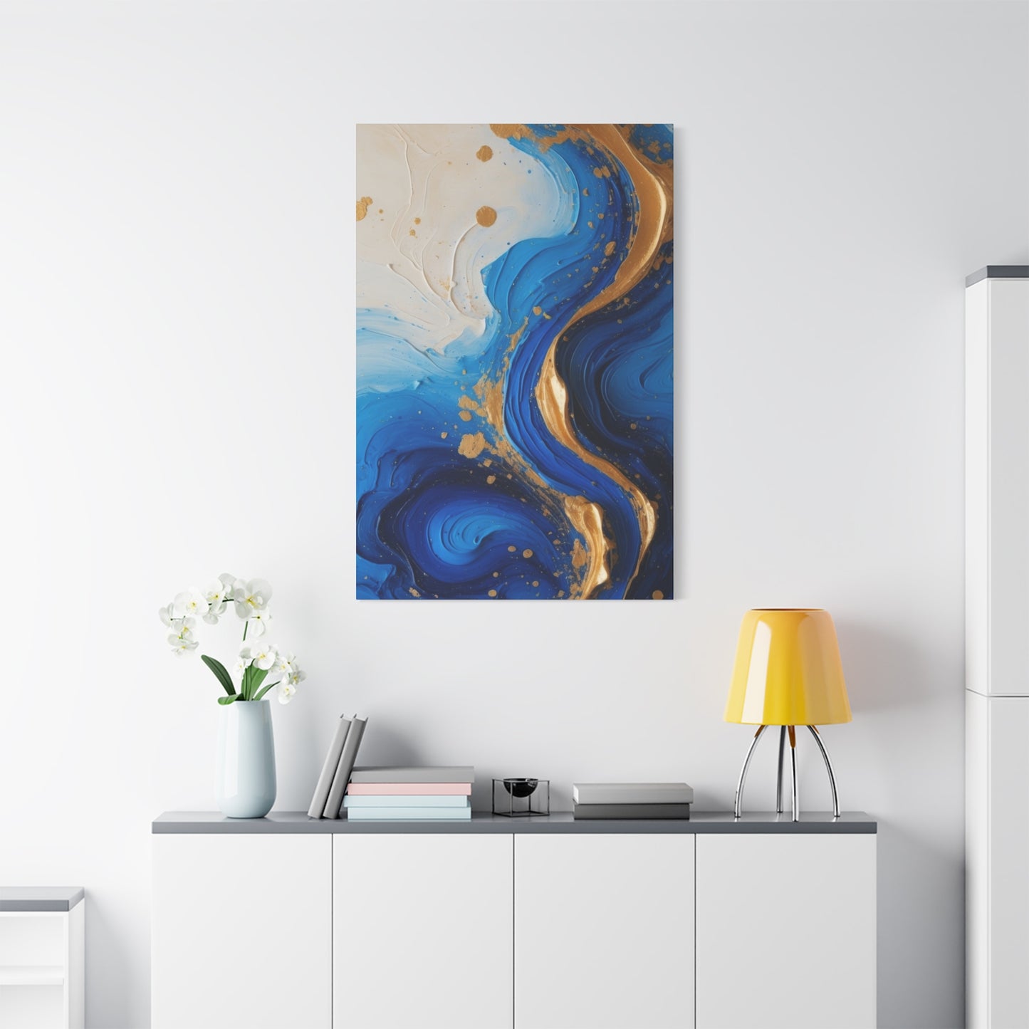 Blue and Gold Abstract Fluid Wall Art – Luxury Canvas Print with Textured Paint Swirls for Modern Home Décor