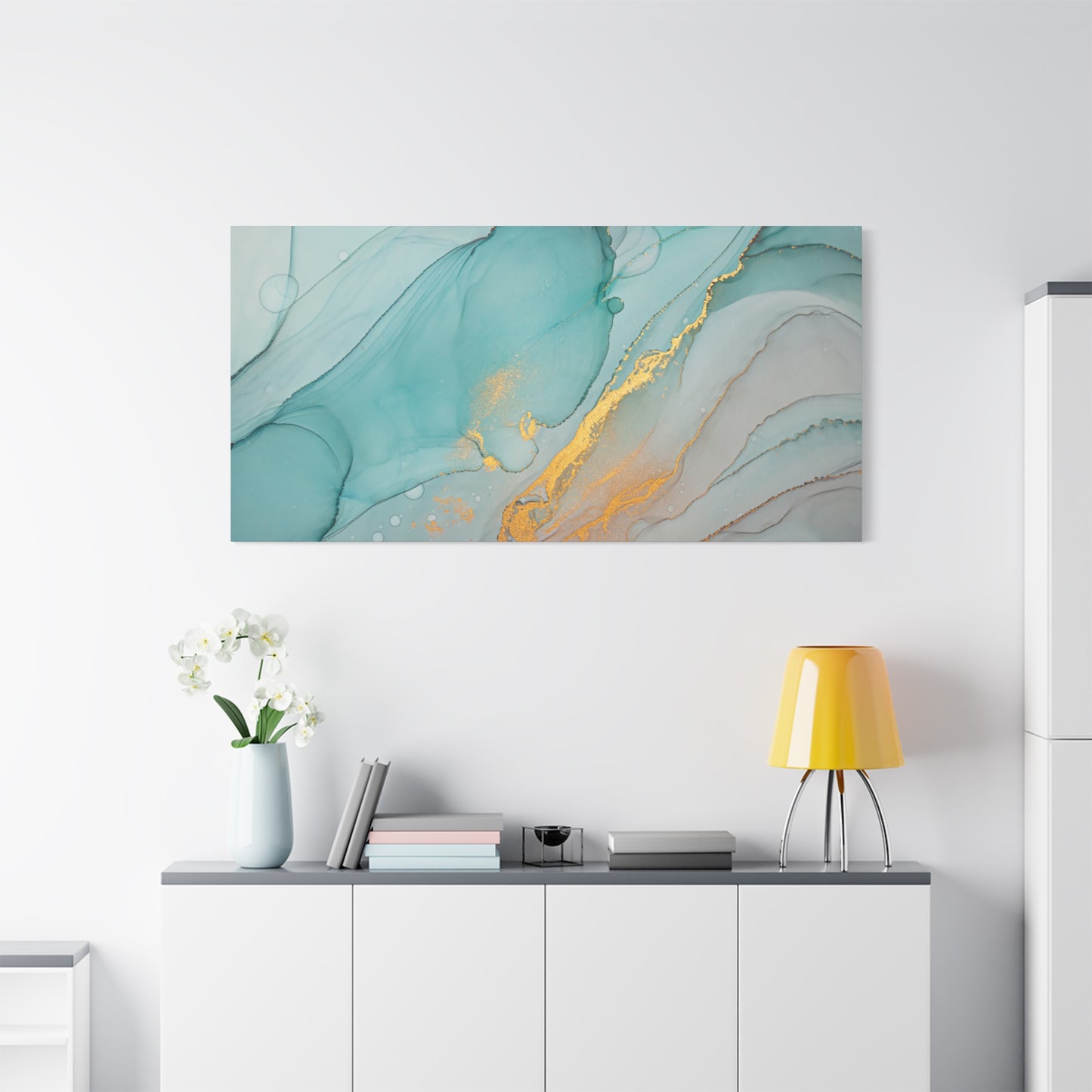 Aqua & Gold Fluid Abstract Canvas Wall Art – Modern Watercolor-Inspired Artwork for Living Room, Bedroom, or Office