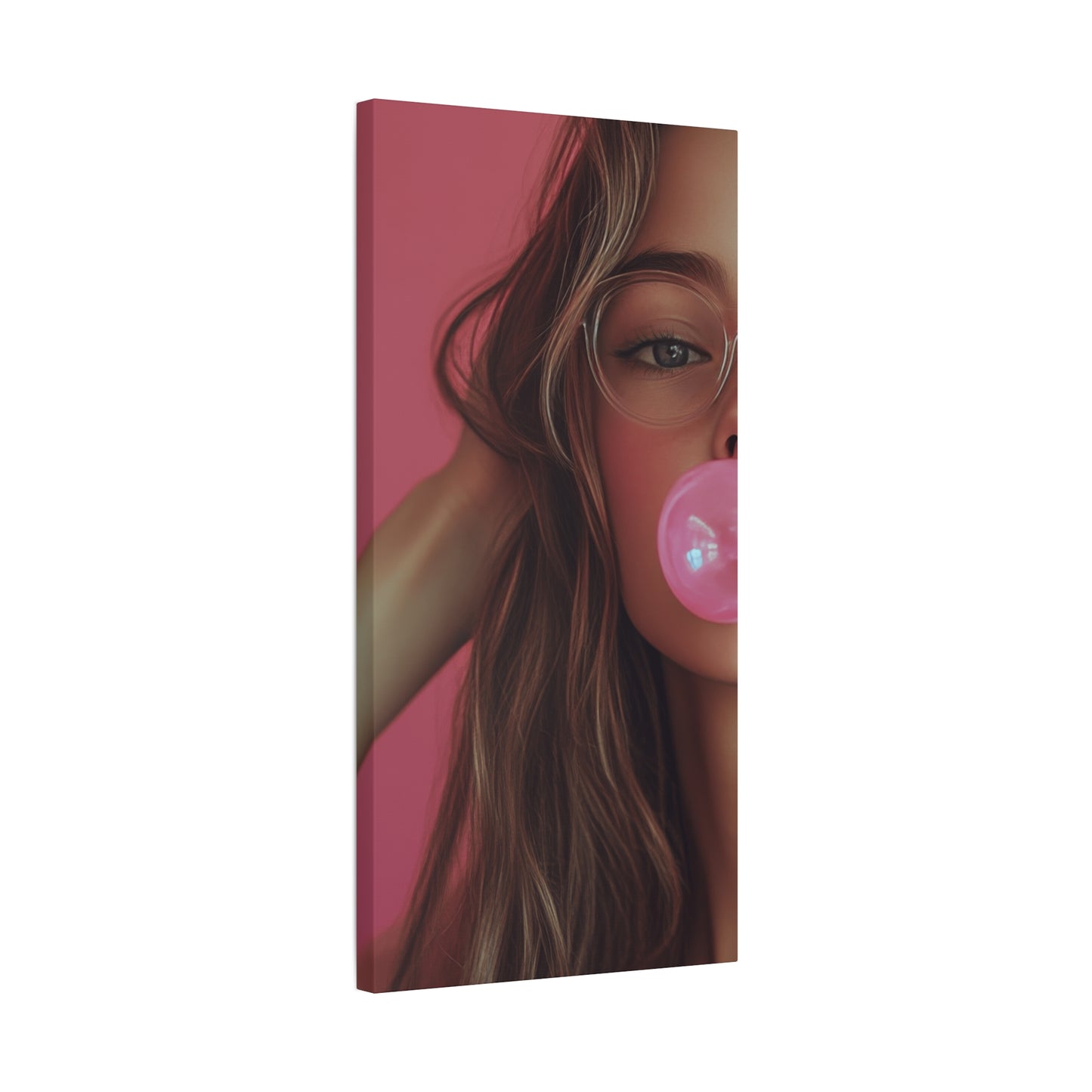 Trendy Bubblegum Girl Wall Art – Soft Pink Portrait Canvas Print with Retro Glasses Aesthetic