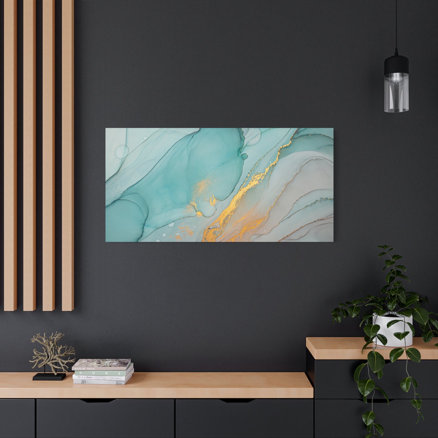Aqua & Gold Fluid Abstract Canvas Wall Art – Modern Watercolor-Inspired Artwork for Living Room, Bedroom, or Office
