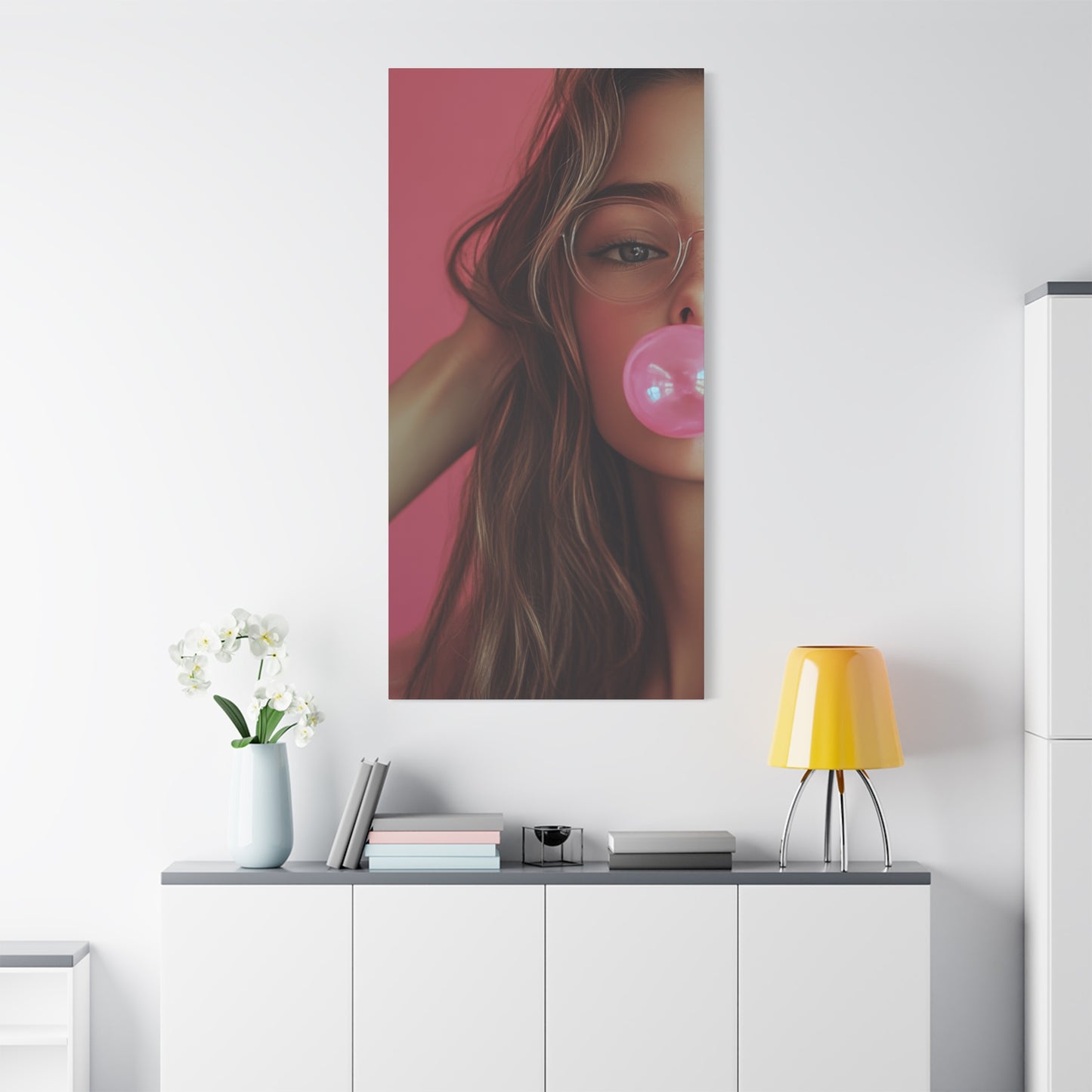 Trendy Bubblegum Girl Wall Art – Soft Pink Portrait Canvas Print with Retro Glasses Aesthetic