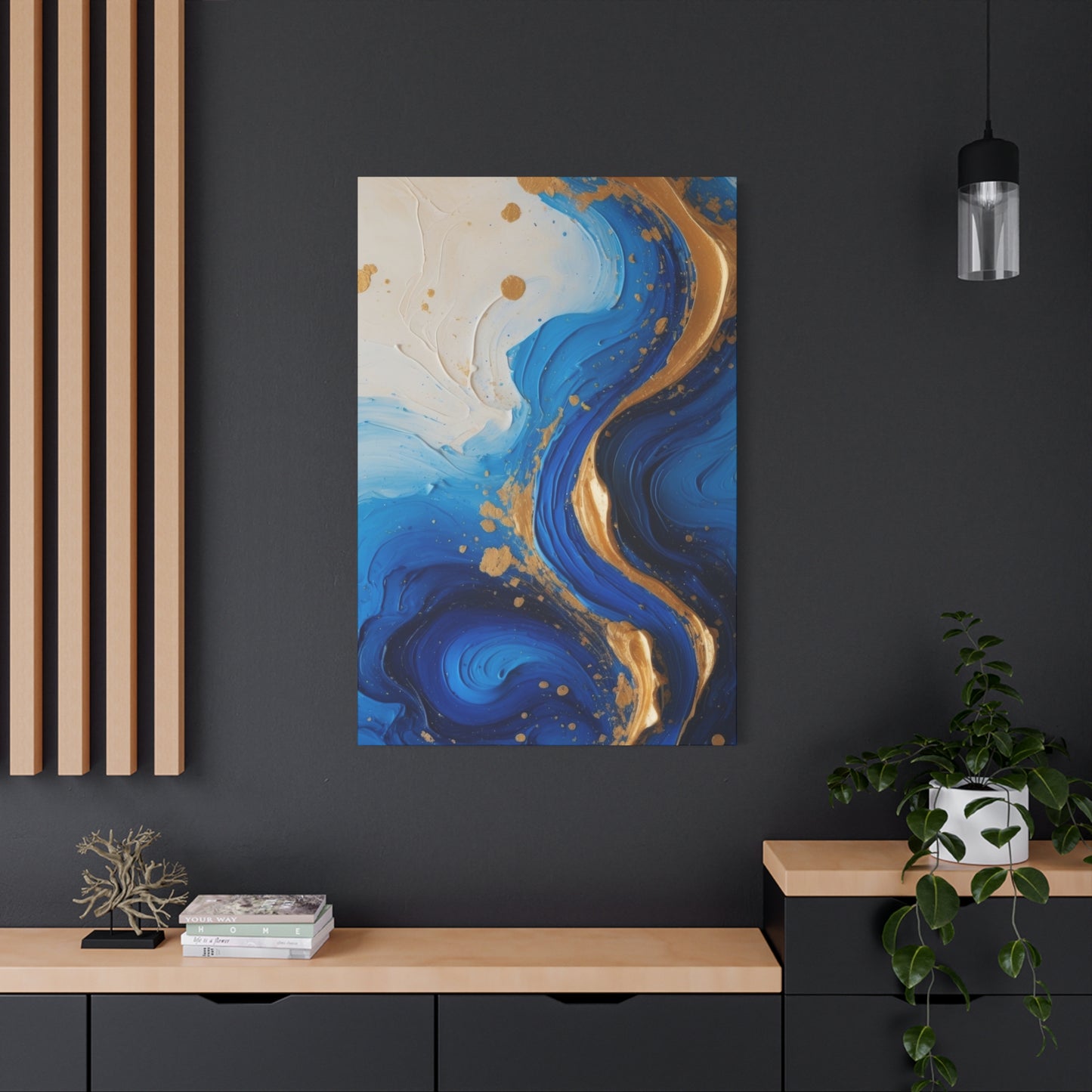 Blue and Gold Abstract Fluid Wall Art – Luxury Canvas Print with Textured Paint Swirls for Modern Home Décor