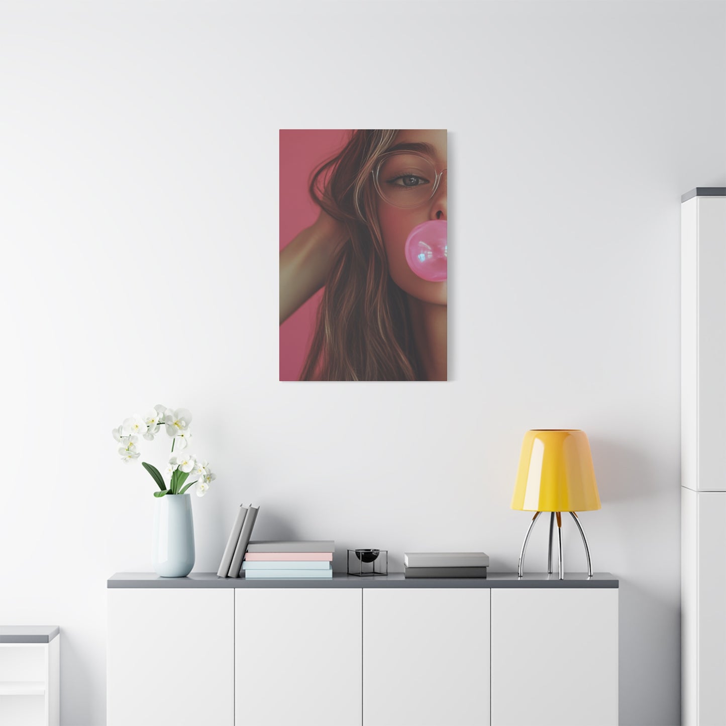 Trendy Bubblegum Girl Wall Art – Soft Pink Portrait Canvas Print with Retro Glasses Aesthetic