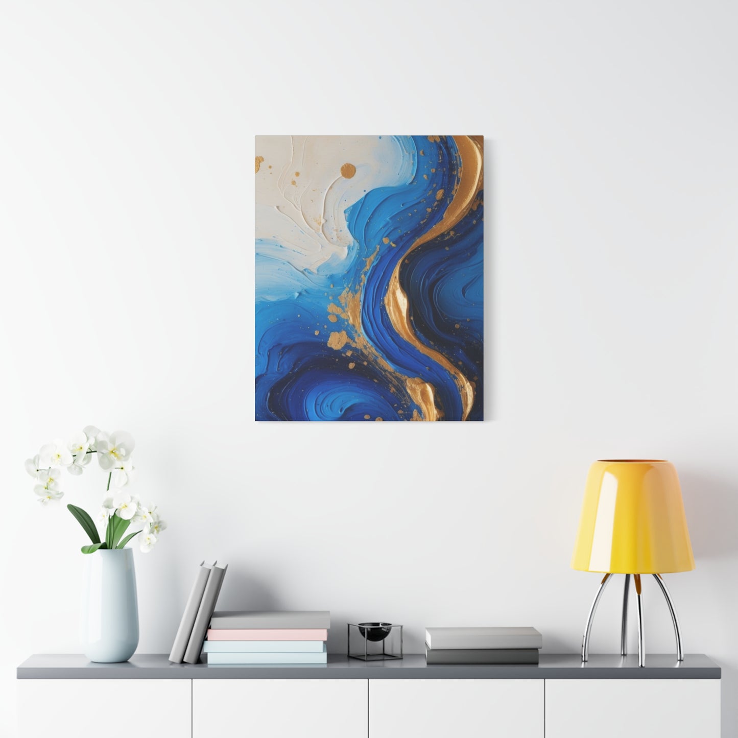 Blue and Gold Abstract Fluid Wall Art – Luxury Canvas Print with Textured Paint Swirls for Modern Home Décor