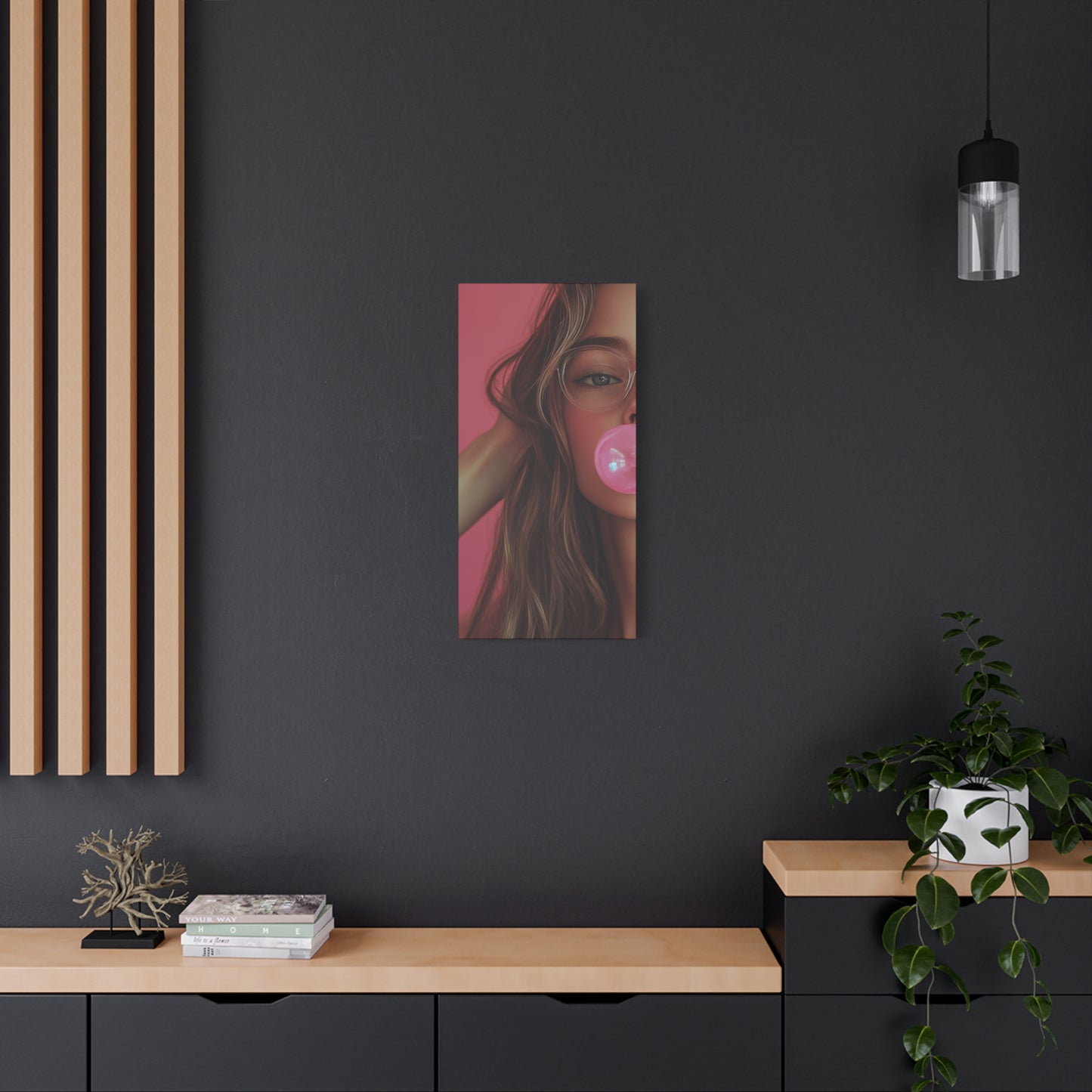 Trendy Bubblegum Girl Wall Art – Soft Pink Portrait Canvas Print with Retro Glasses Aesthetic
