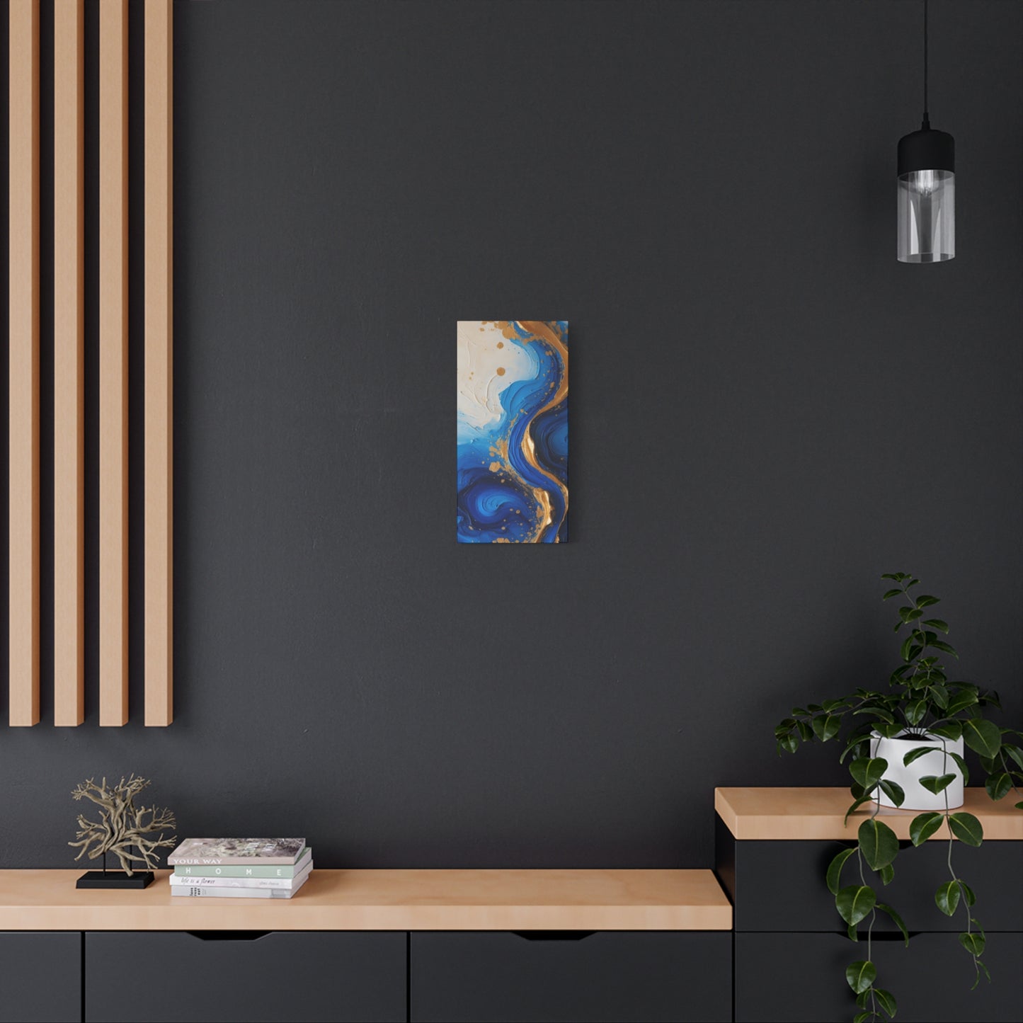 Blue and Gold Abstract Fluid Wall Art – Luxury Canvas Print with Textured Paint Swirls for Modern Home Décor